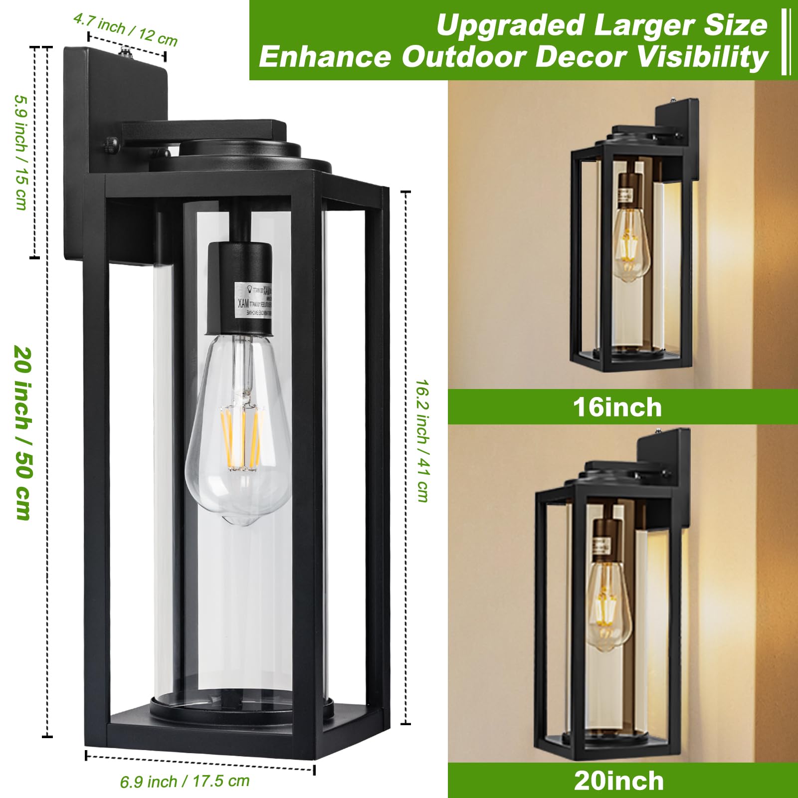 FILIYANO Outdoor Wall Light Fixtures - 20inch Dusk to Dawn, Waterproof Black Industrial Lanterns, 2 Pack, Model B07060PP