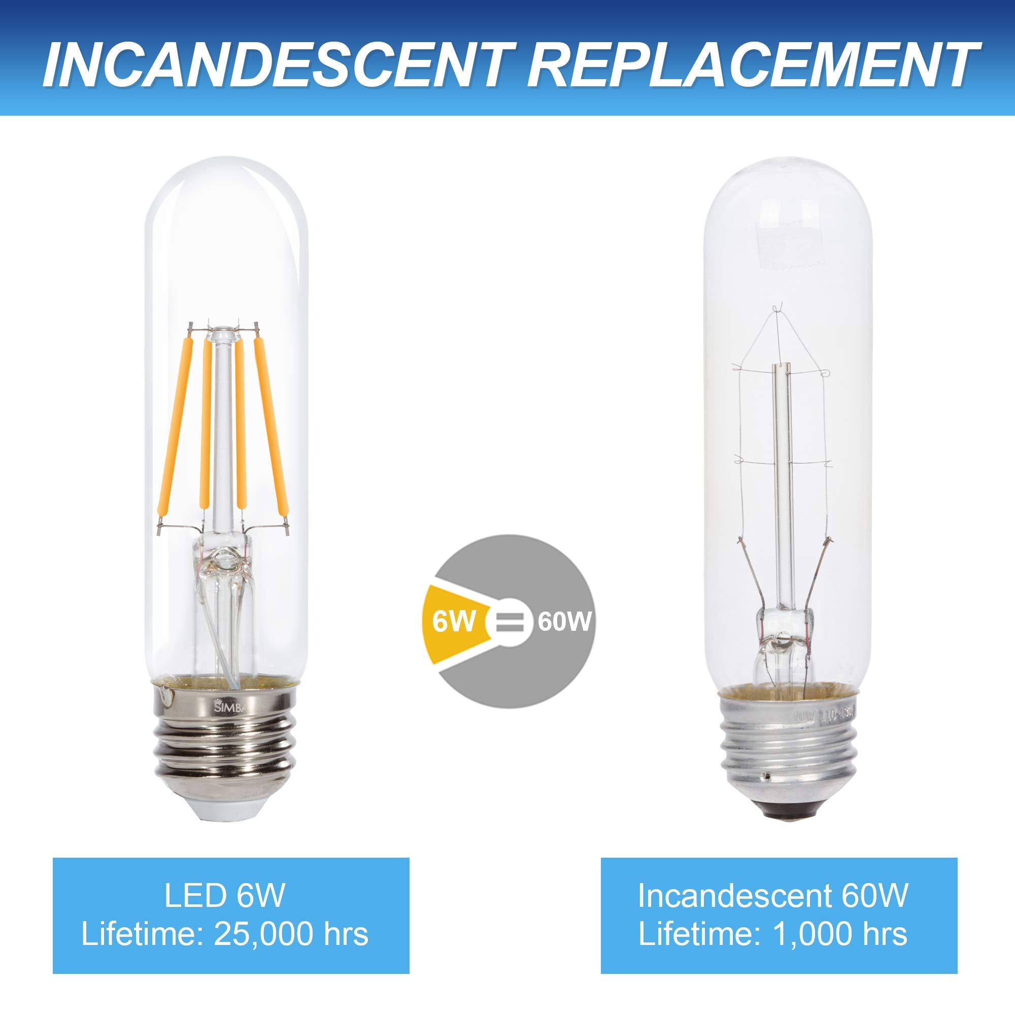 Simba Lighting Led T10 Tubular Edison Filament Light Bulbs (3 Pack) 6W Dimmable 60W Equivalent 120V For Cabinet Display, Piano L