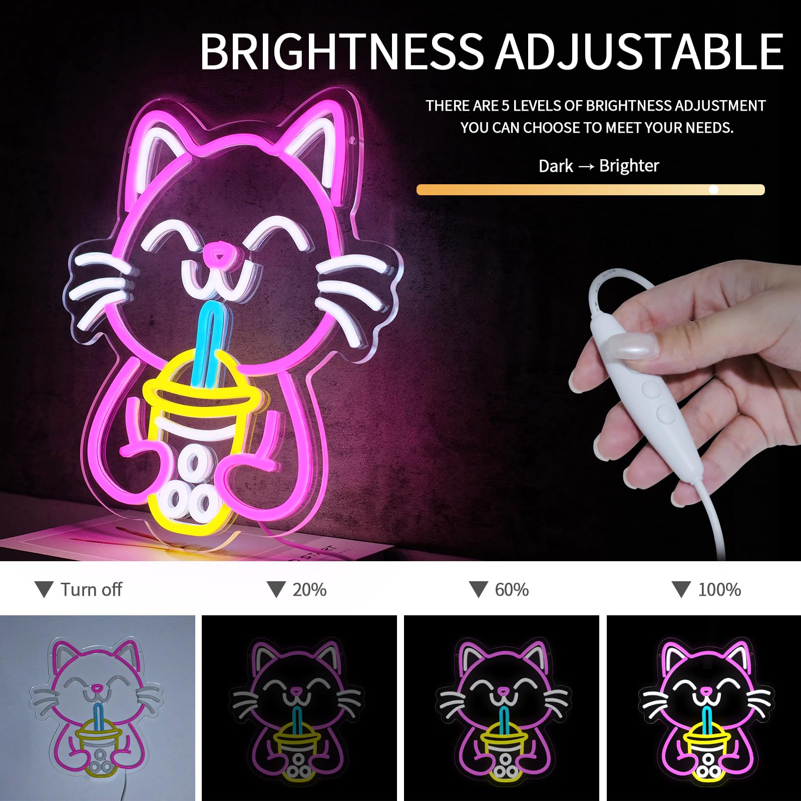 Virlusy Cat Boba Tea Neon Sign, Dimmable LED Light for Wall Decor, Medium Acrylic, Pink Yellow White, Model YL-Boba Cat