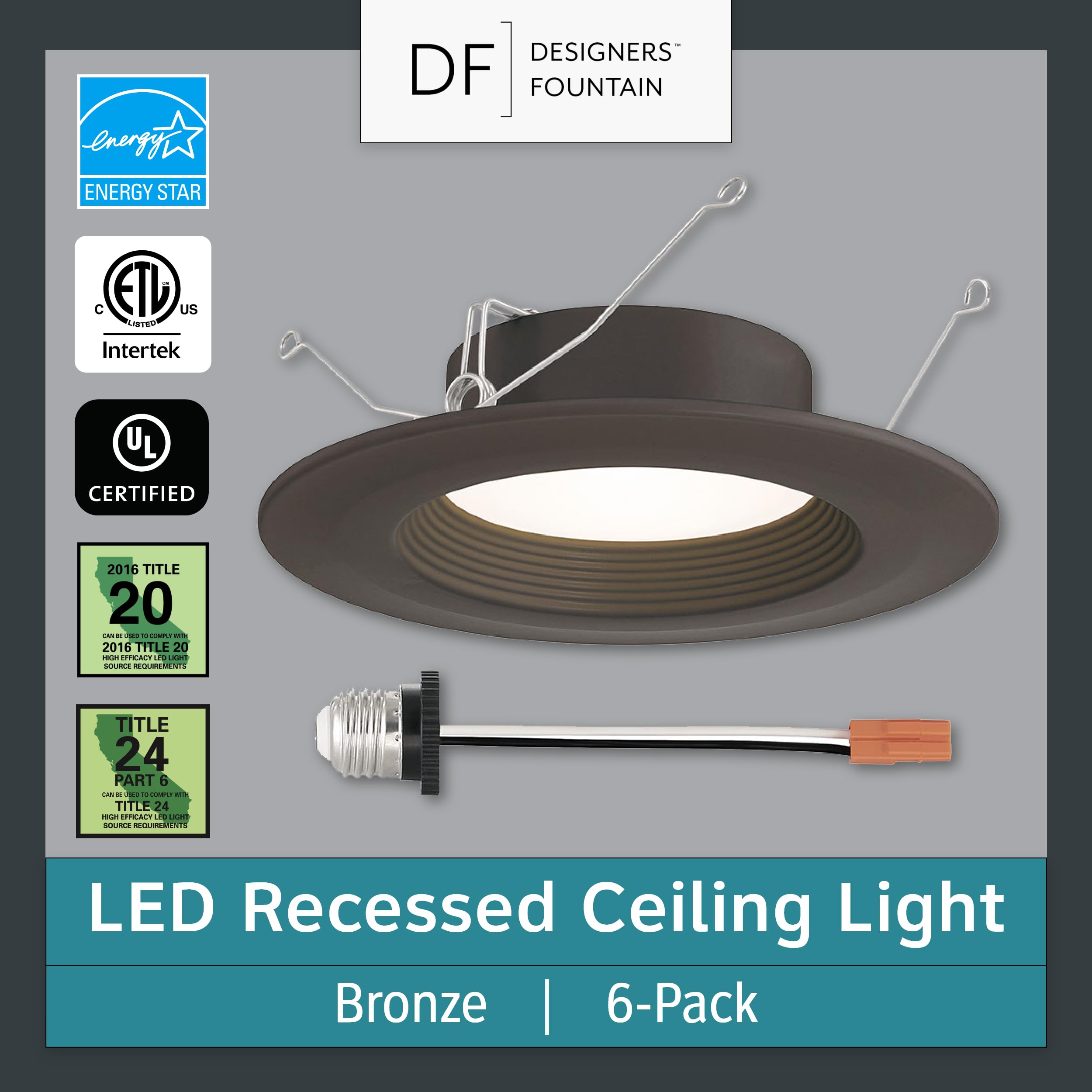 DESIGNERS FOUNTAIN LED Recessed Ceiling Lights, 6 Pack, 5"/6" Dimmable, 1050 Lumens, Bronze Baffle Retrofit Trim, Model RB6