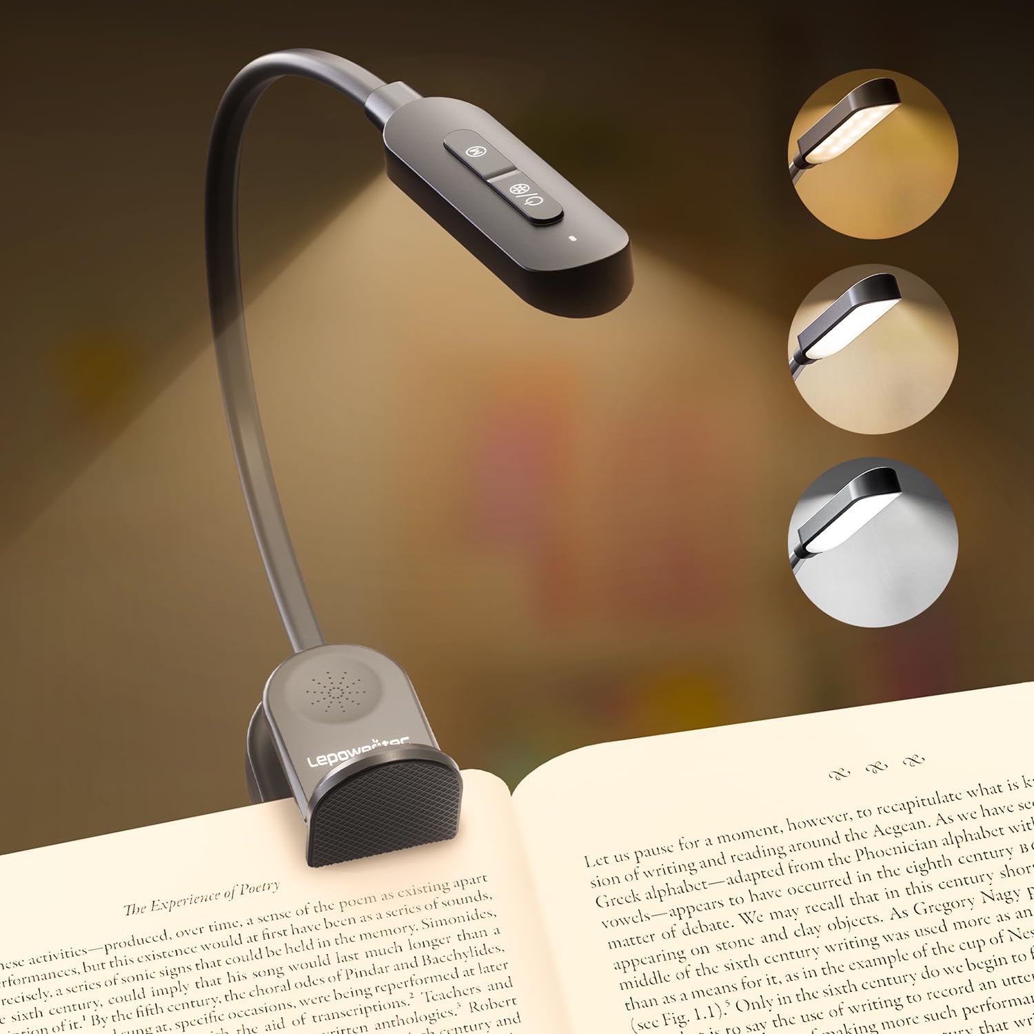 Lepower-Tec 24 Led Rechargeable Book Light For Reading In Bed With Memory Function Eye Caring 3 Color Temperatures, 5 Brightness