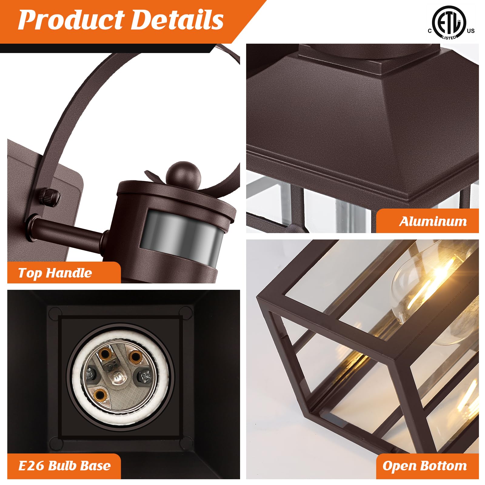Worthyworld Bronze Motion Sensor Outdoor Wall Sconces 2-Pack, Waterproof ETL Listed Dusk to Dawn Light Fixture for House, Garage, Porch