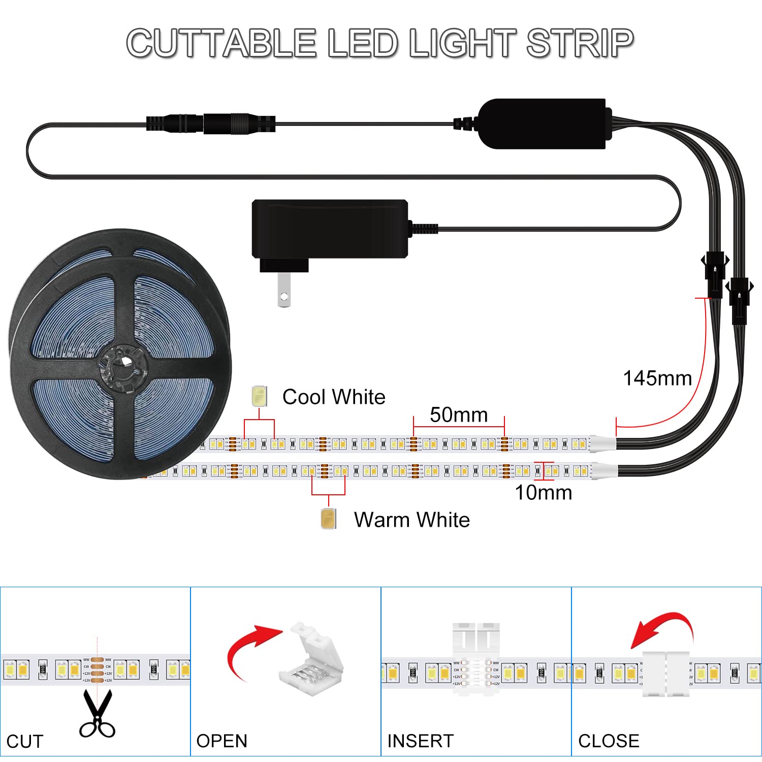 BUNACET 52ft White LED Strip Lights with Remote (26ft/Roll) Warm White Bright LED Tape Light for Bedroom 12V LED Light Strips Di