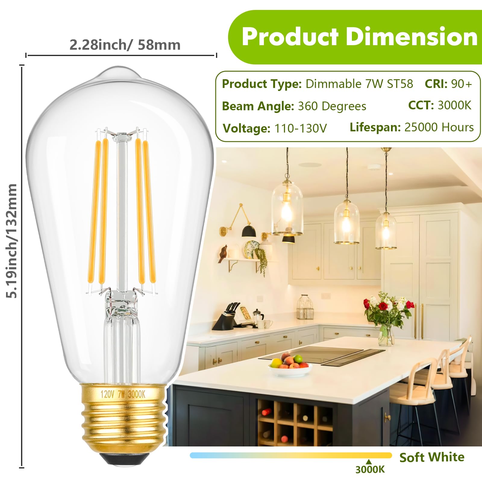 Kondras Dimmable Led Bulbs, 7W 900Lumens High Brightness, 60W Incandescent Equivalent Bulbs, 3000K Soft White, St58 Antique Fila