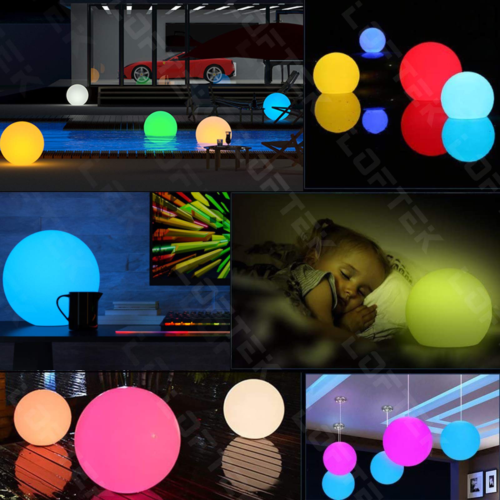 LOFTEK 8-inch LED Night Light Ball - 16 RGB Colors, Dimmable, Rechargeable, IP65, Remote Control, White, Model KD-B120