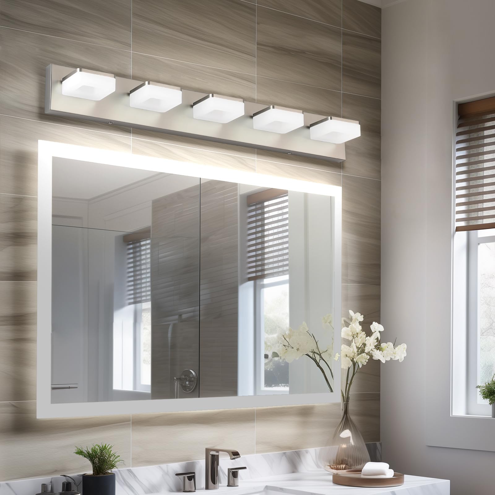 Bicrink 5-Light Brushed Nickel Vanity Light Fixture, 32" Modern LED Bath Lighting for Mirror, Model 9811-N-5T