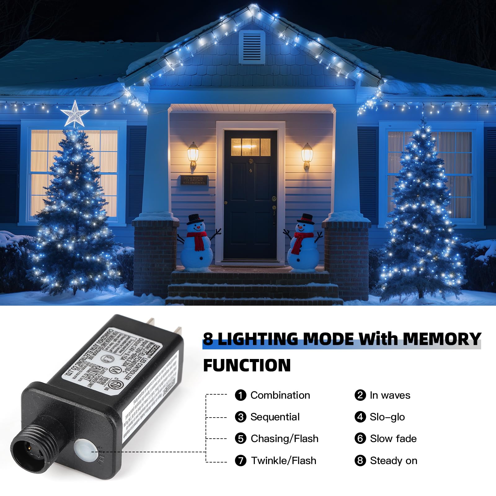 XTF2015 Christmas String Lights, 300 LED, 105ft, 8 Modes, UL Certified, Blue White, Model QL300IE, Indoor Outdoor Fairy Lights