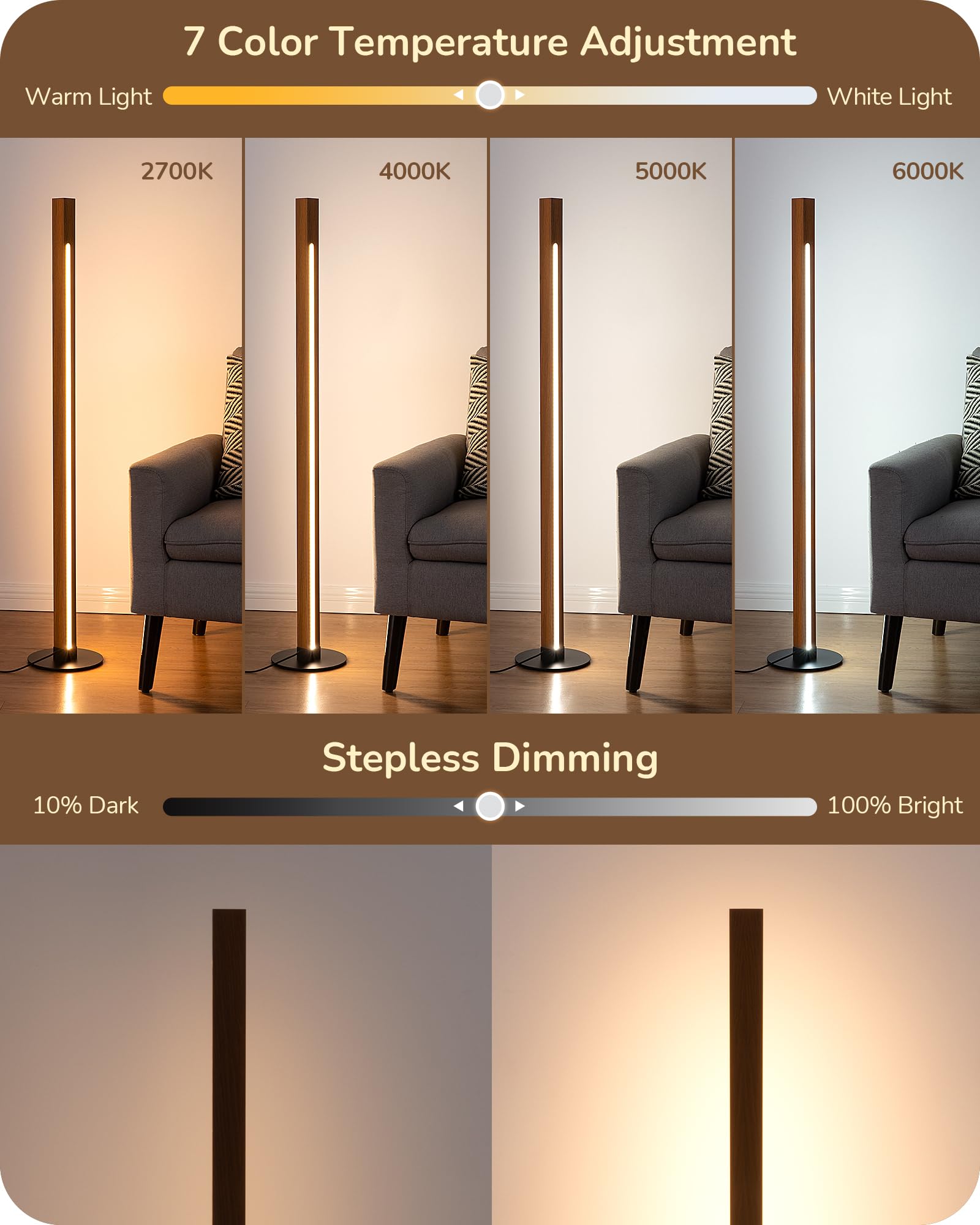 EDISHINE Wood Floor Lamp - Dual-Sided Lighting, Dimmable, Remote/Foot Control, Minimalist Design, Walnut Wood, Light Brown, Model HLFL12A