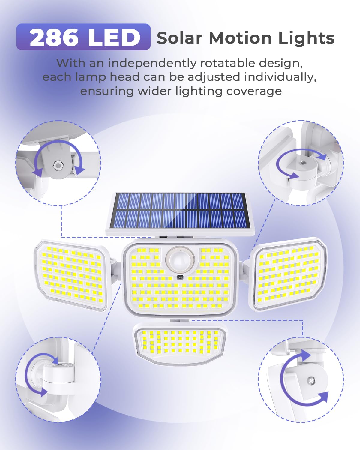 286 LED Solar Motion Lights Outdoor 2 Pack, 4 Heads Solar Security Lights Waterproof IP65 Waterproof Motion Sensor Light with Re