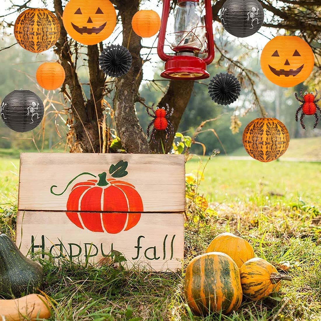 Uniqooo 12Pcs Halloween Hanging Decorations Paper Lanterns, Jack-O'-Lantern Spider Skeleton Pumpkin For Indoor & Outdoor Spooky Home Decor, Party Supplies Props, 12&quot; & 8&quot; (Orange, Black)