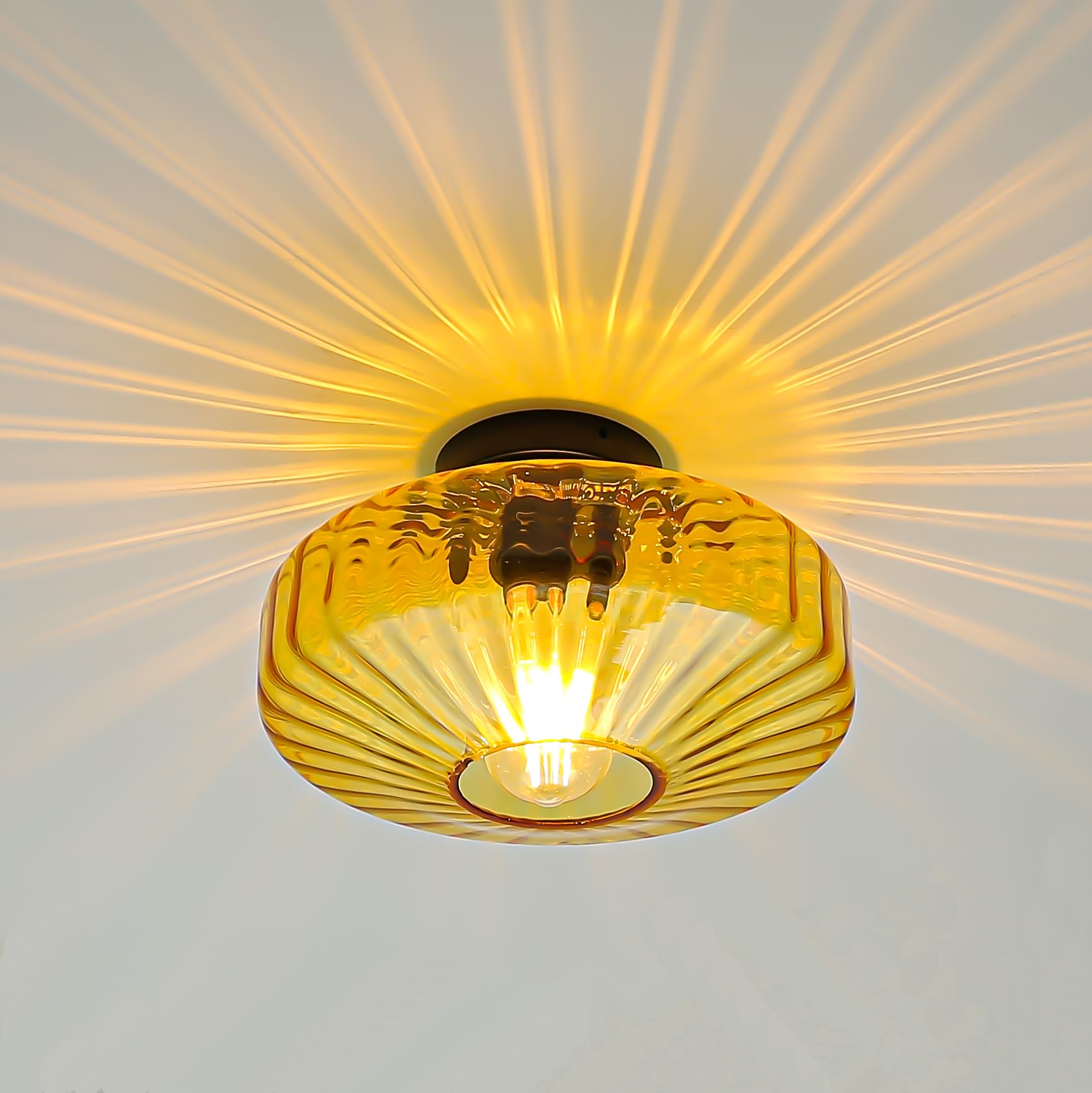 Fctwaks Semi Flush Mount Ceiling Light, 11.8'' Mid Century Modern 1-Light Close To Ceiling Light Fixtures With Drum Amber Glass 