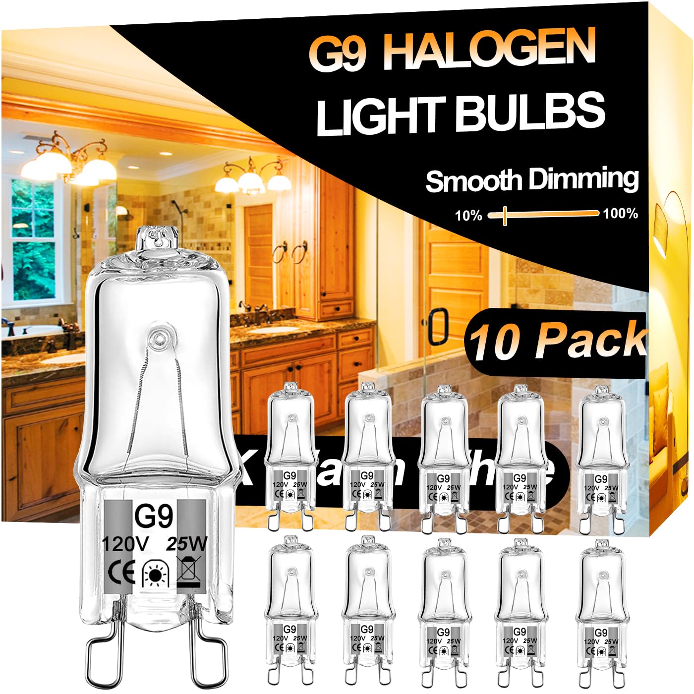 Vannise G9 Halogen Bulb 25 Watt-10 Pack Long Lasting G9 Bulb 25W 120V, Halogen Bulbs 2 Pin G9 Dimmable 2800K Warm White, High Ou
