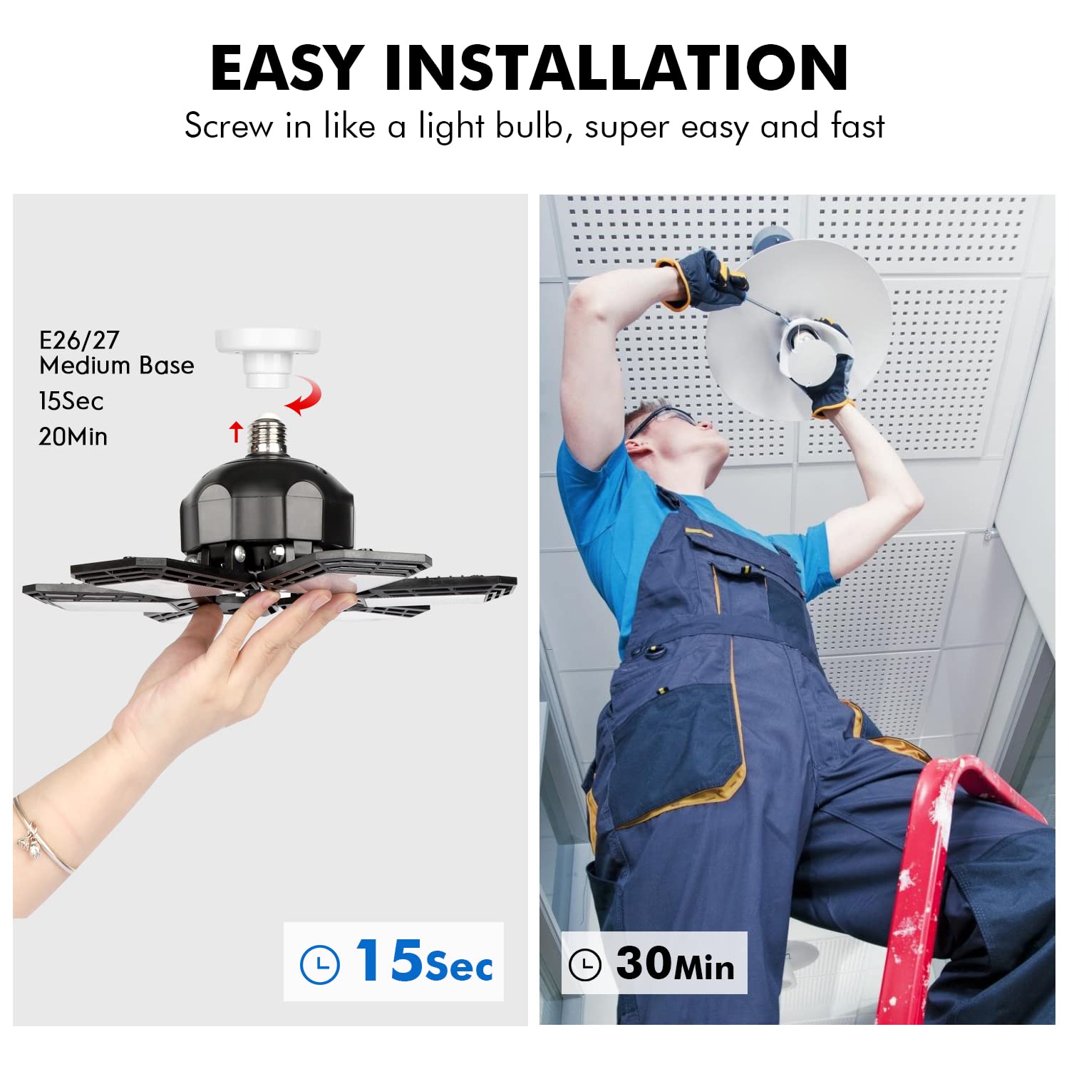 Luyata 2 Pack LED Garage Lights 180W 18000LM Black Alloy Steel E26/E27 Deformable with 6 Adjustable Panels