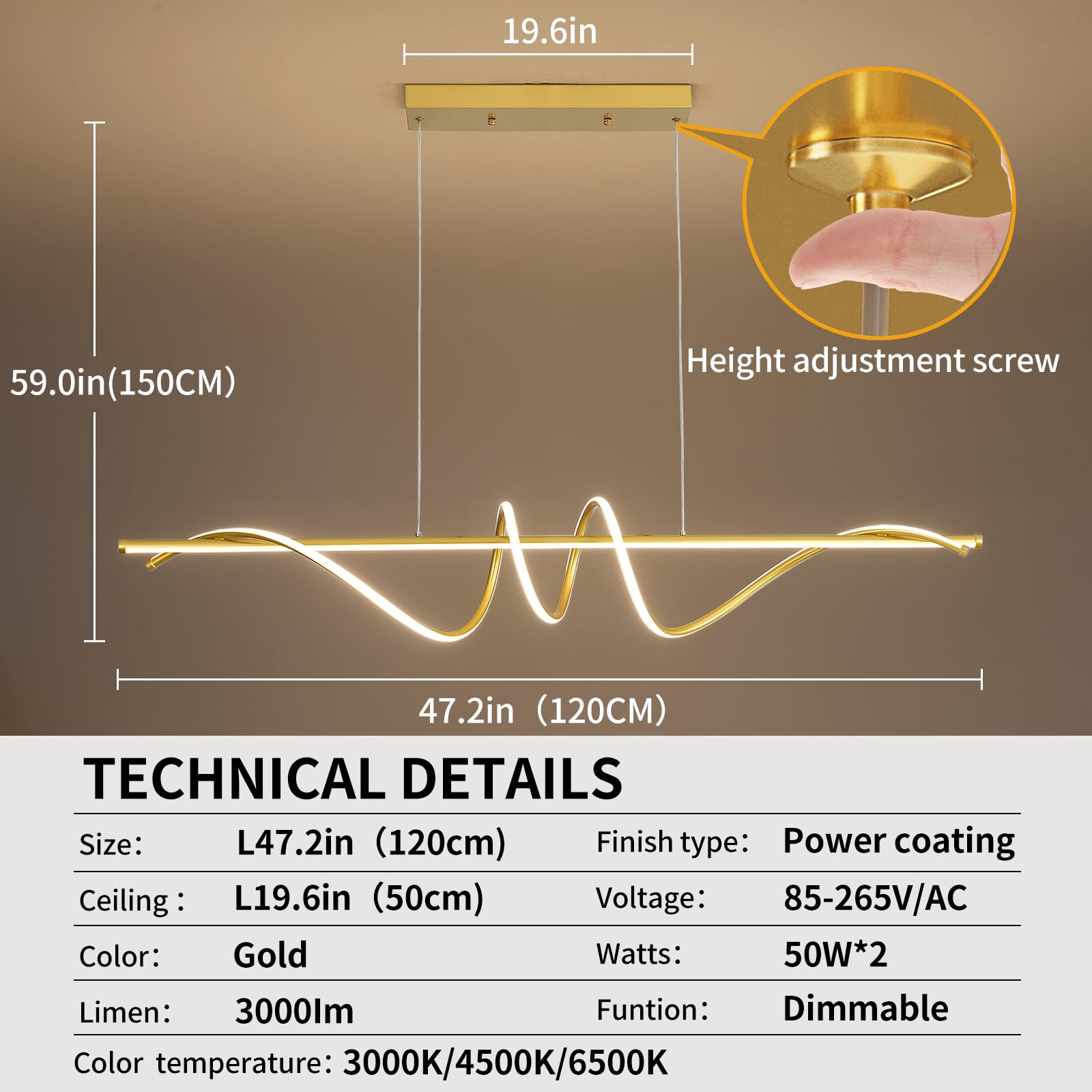 Matven Modern Design Dimmable Desk Linear Pendant Light, Aluminum, 47IN, Gold, Remote Control, 3 Color Modes, Anti-Flicker