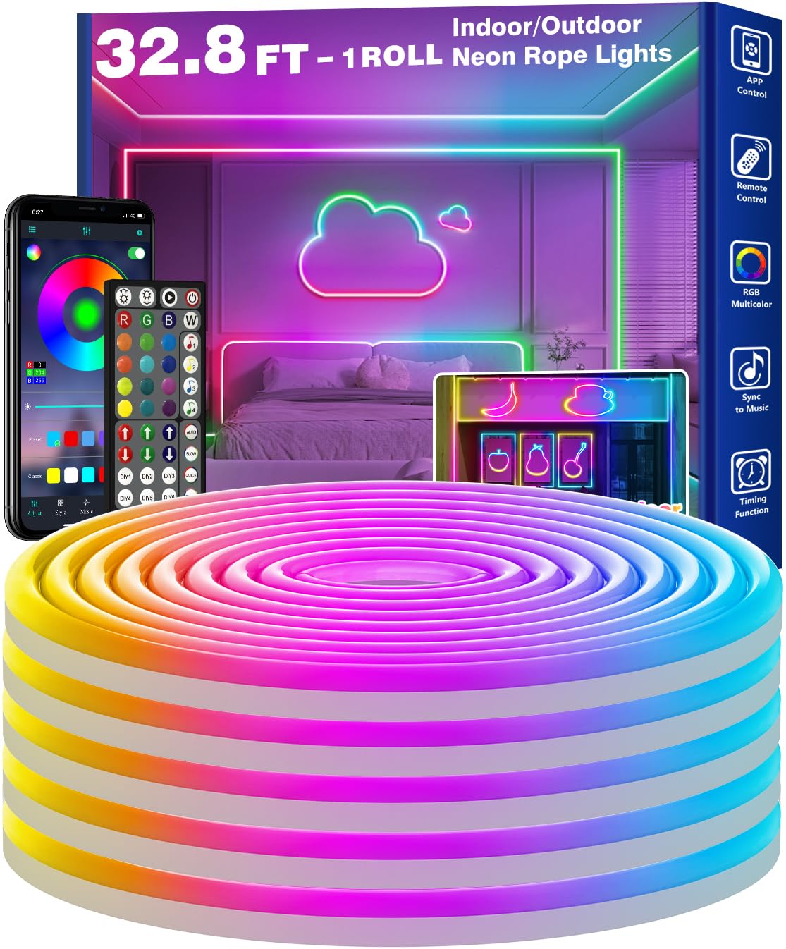 RCUICA Neon Rope Lights, 32.8FT Flexible LED, RGB Waterproof, App/Remote Control, IP65 Outdoor Use