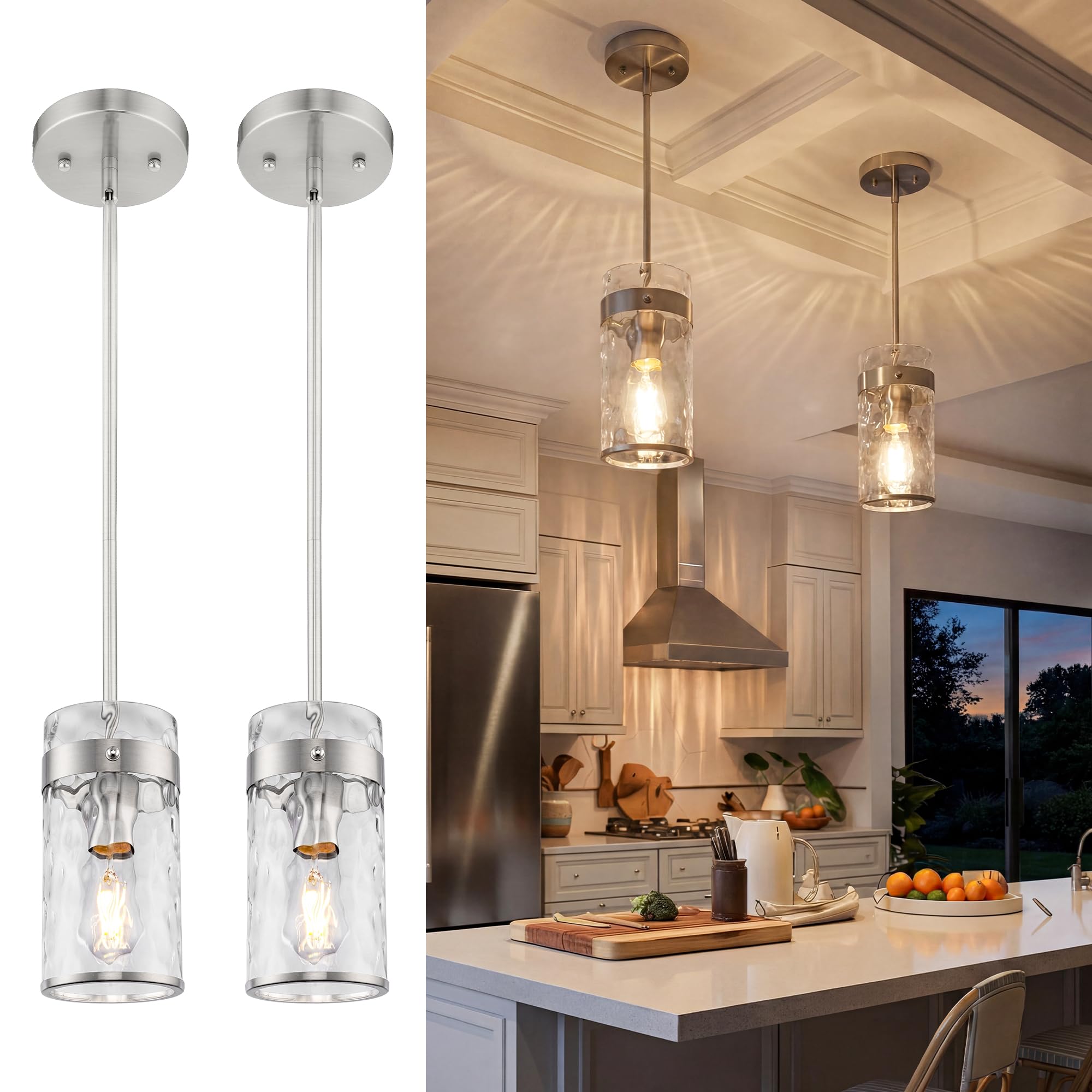 AUTELO Glass Pendant Light, Brushed Nickel 2 Light Island Pendant Lights for Kitchen with Hammered Glass, Modern Hanging Lamp wi
