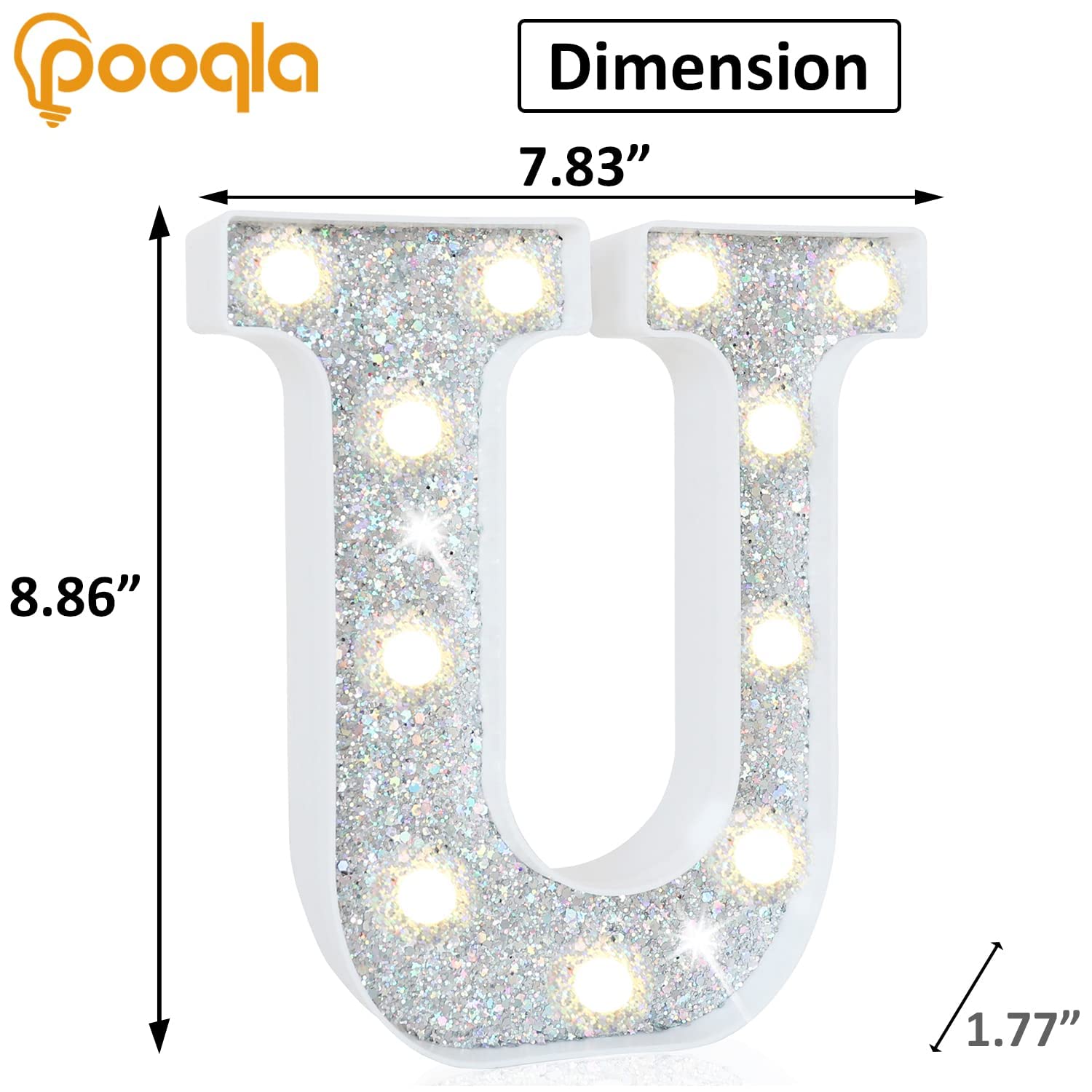 Pooqla LED Marquee Letter U Light Up Sign, Sequin Silver, Battery Powered, Perfect for Birthday, Wedding, Home Bar, Christmas Decoration