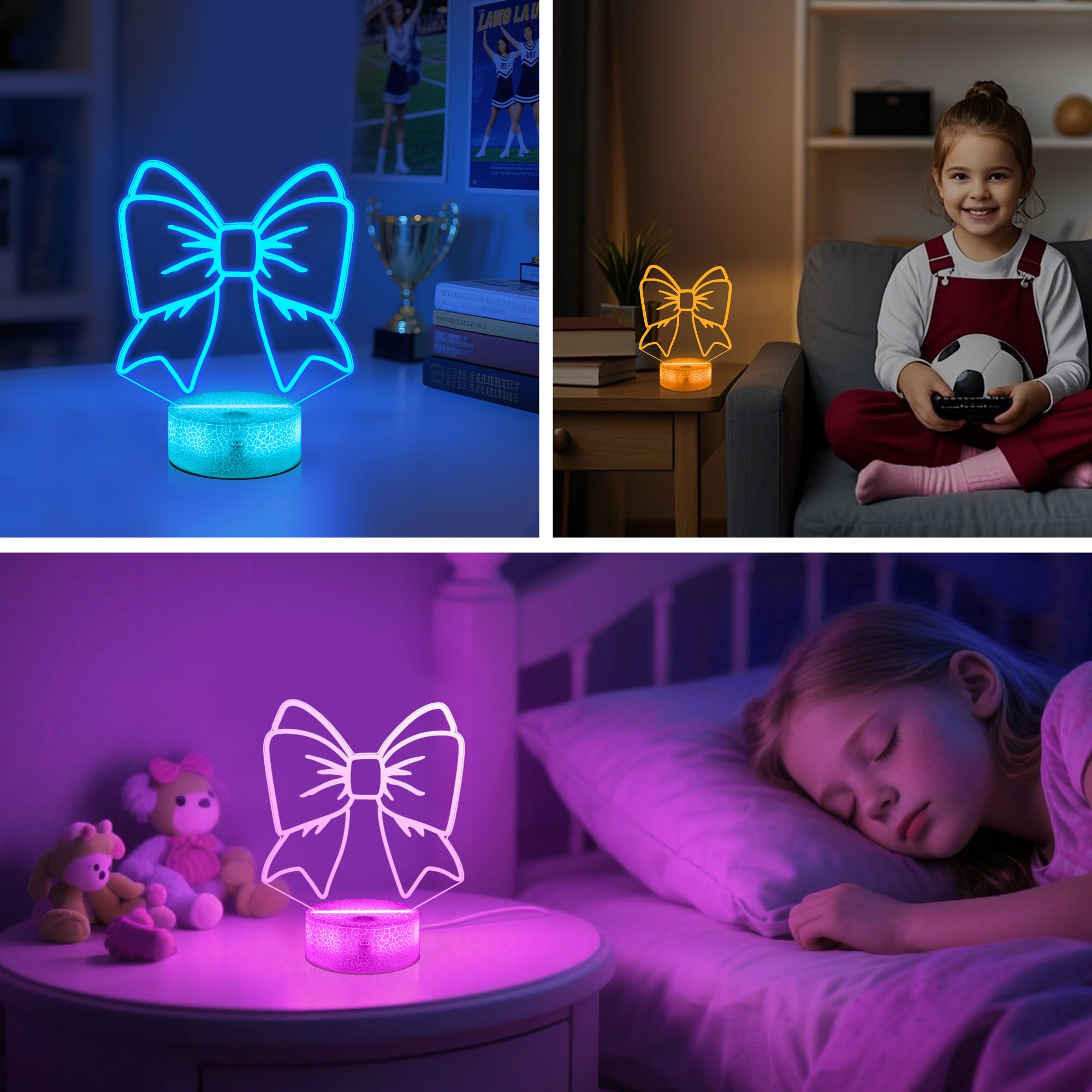 OkiyiD Cheerleader Gifts for Girl, Cheer Bows Night Light 3D Illusion Lamp with 16 Colors Changing Remote Control, Cheerleading
