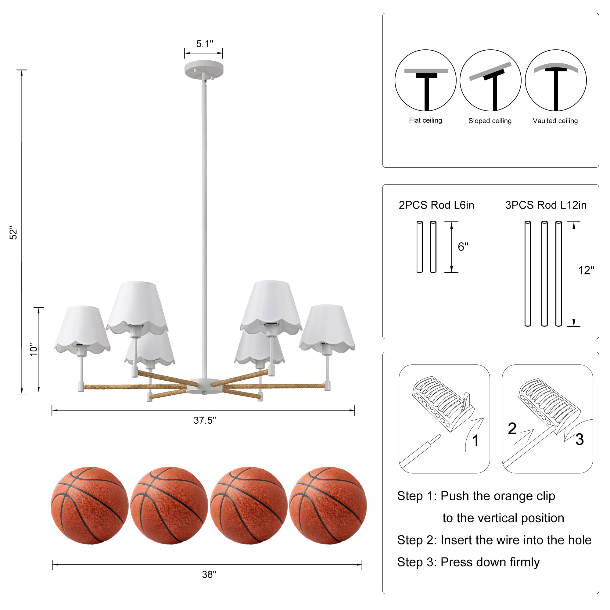 Farmhouse Rattan Chandelier With White Fabric Shade  6-Light Boho Chandeliers For Dining Room  Adjustable Rustic Pendant Light 37.5 Modern White Hanging Lighting For Kitchen Island  Living Room