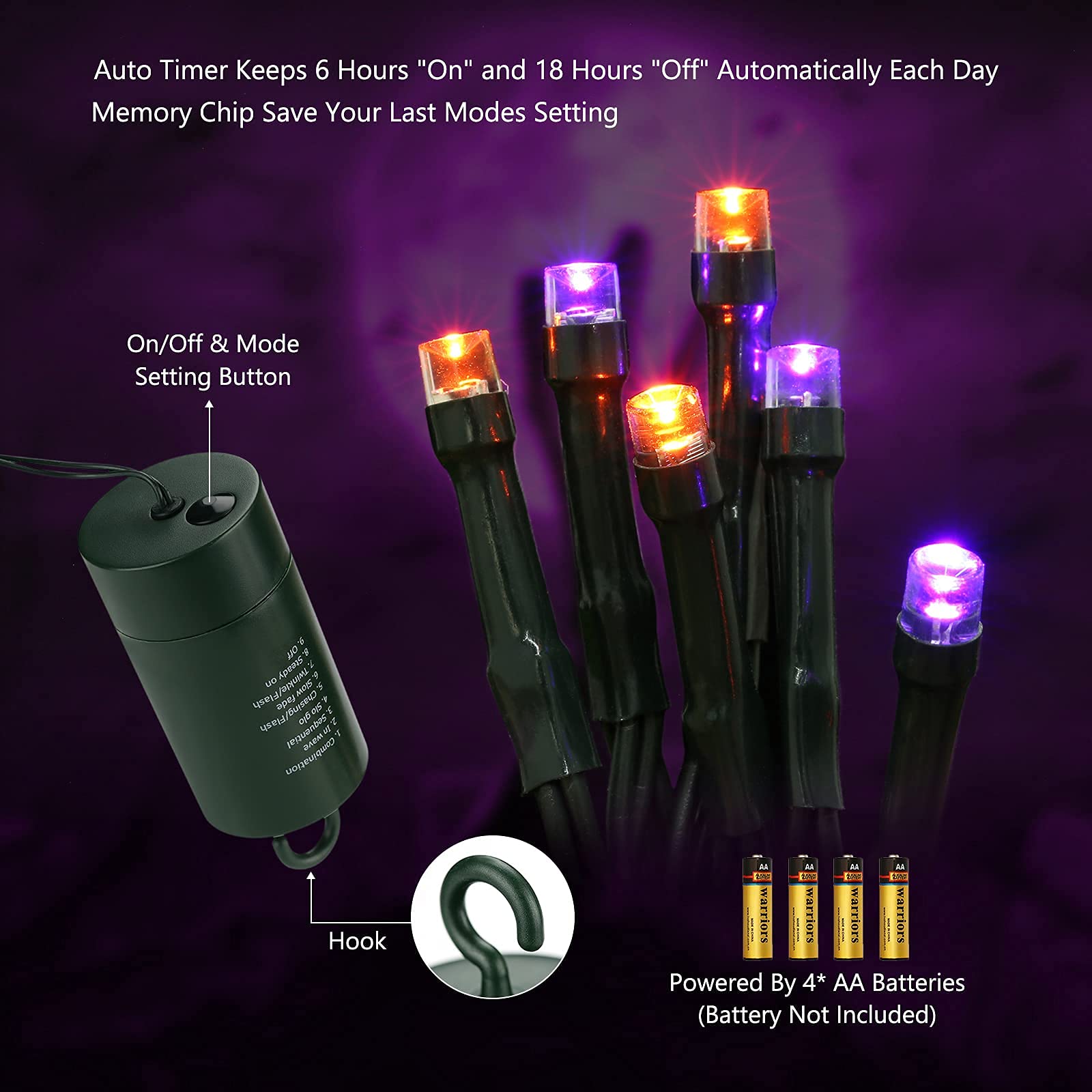 Joomer 200 LED Battery Operated String Lights, 66ft Waterproof, 8 Modes & Timer, Orange Purple for Halloween Decorations