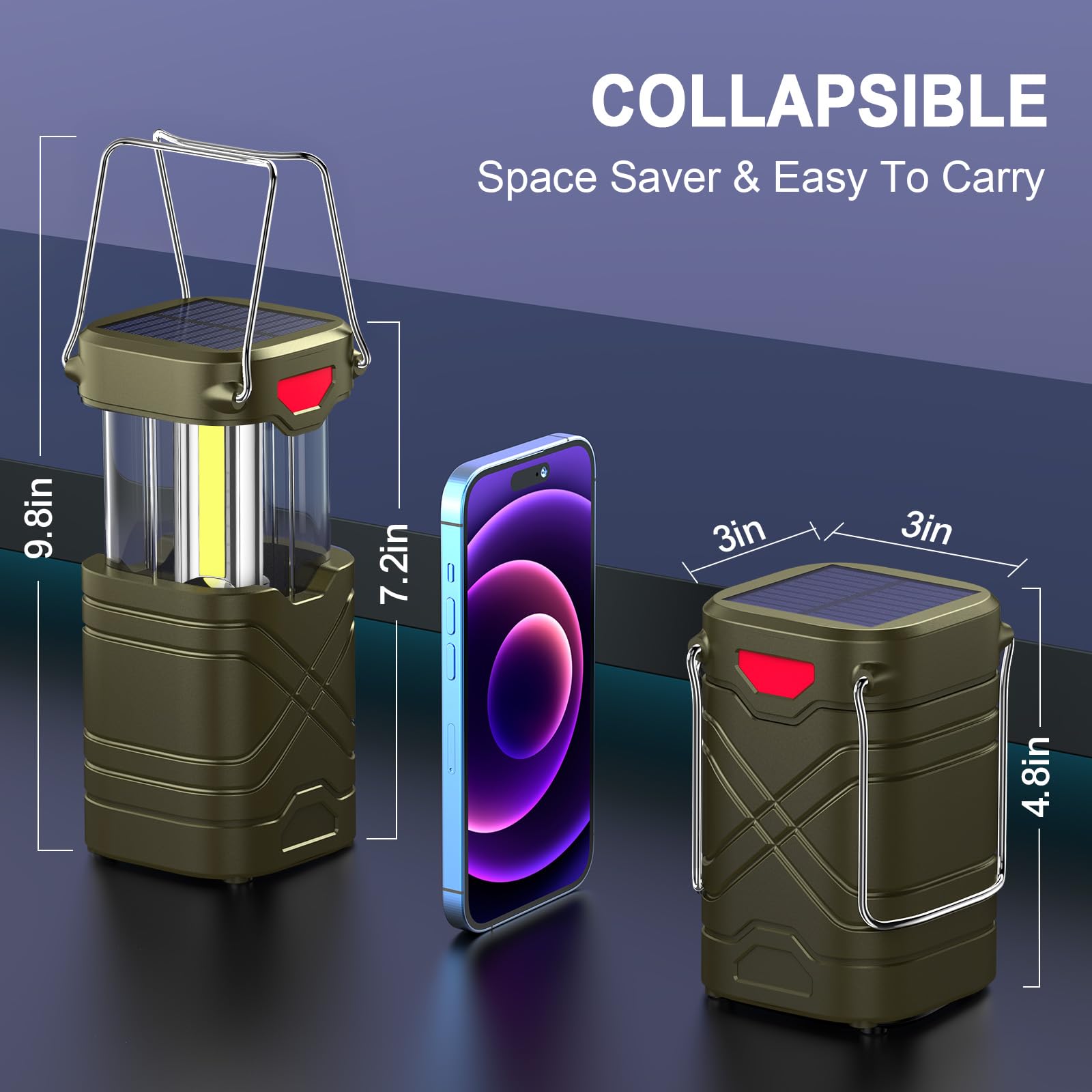 LETMY Rechargeable LED Camping Lanterns - 4 Pack, Olive Green, Solar & USB Powered, Hurricane Emergency Flashlights