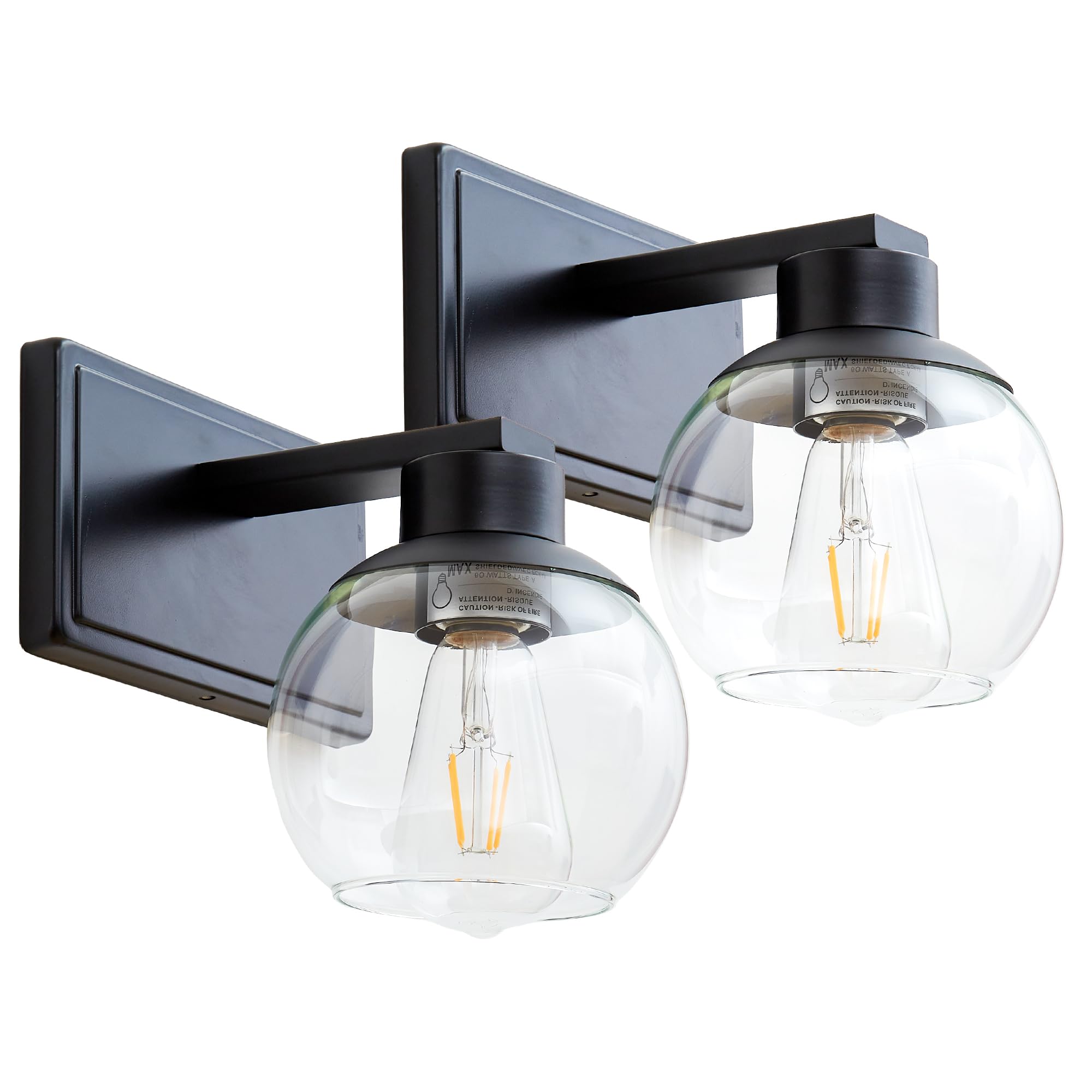 Pazala 2 Pack Black Wall Lights For Bedroom Modern Wall Sconces Set Of Two Lighting Fixtures Wired, Globe Glass Lamp, Wall Mount