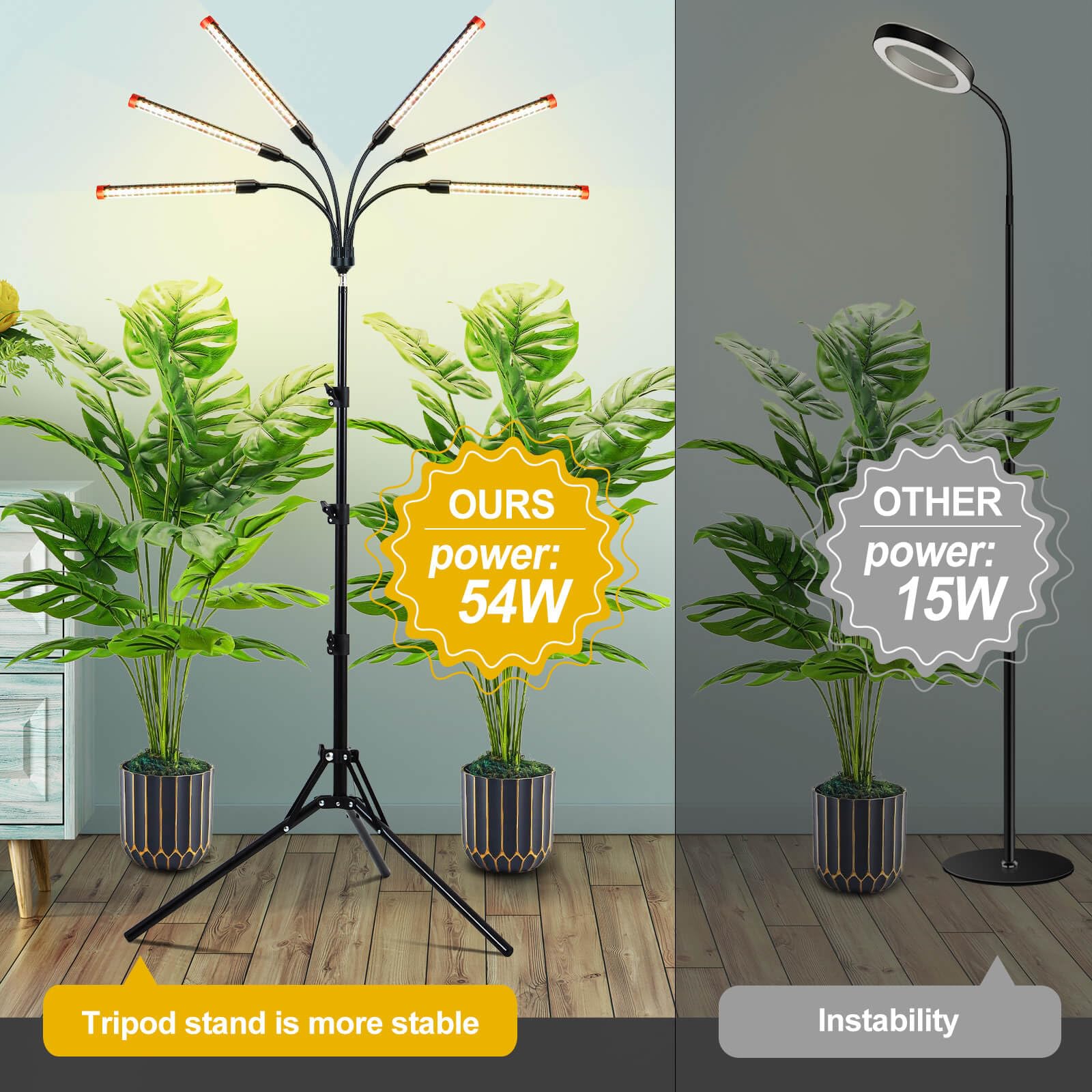 JINHONGTO 54W Grow Light for Indoor Plants, Full Spectrum, Adjustable Tripod Stand 24in-64in, Black, Model ZH_GL_RH
