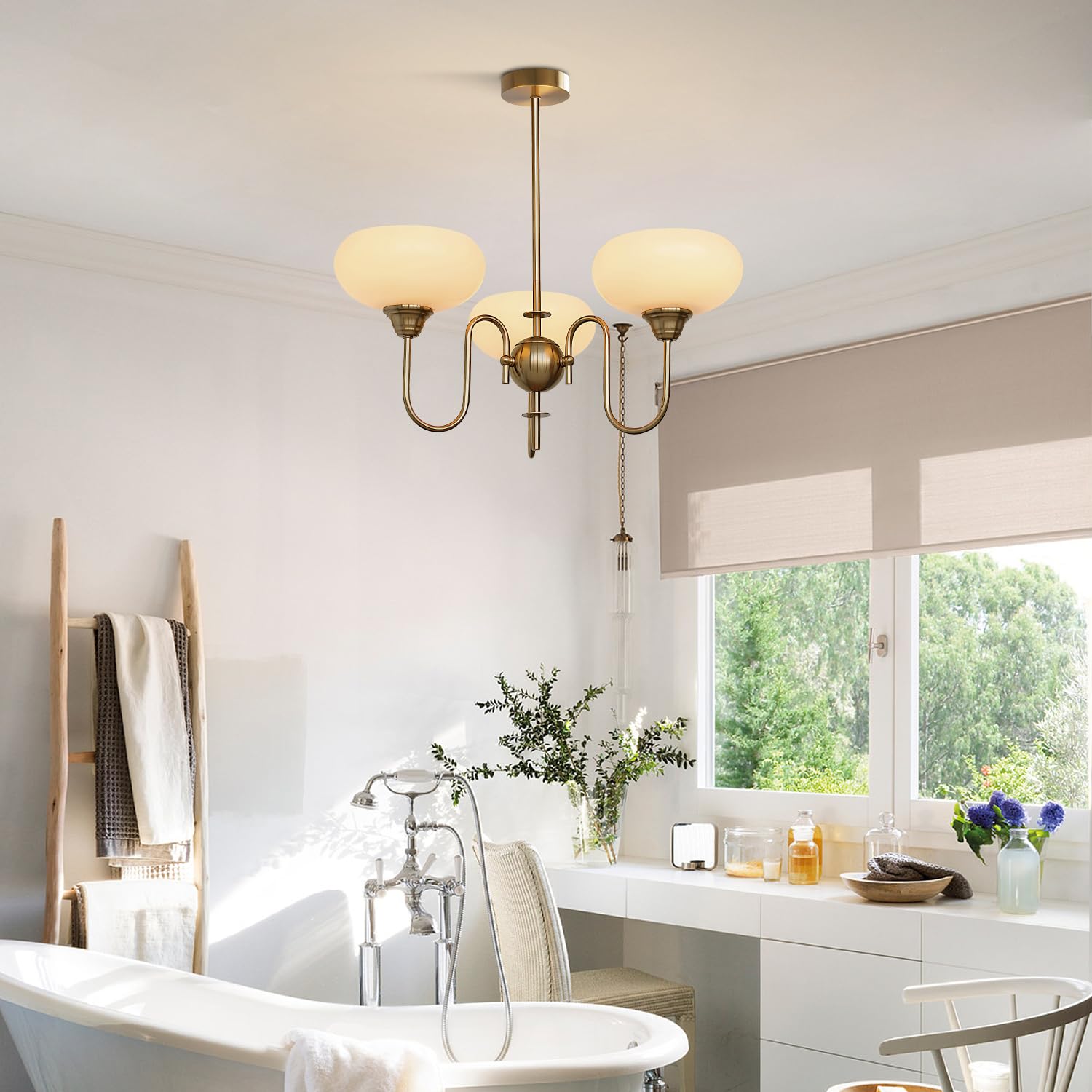 Flyrose 3-Lights Mid Century Modern Gold Chandelier Pendant Light Fixture White Milk Glass Pendant Light Brass Sputnik Chandelie