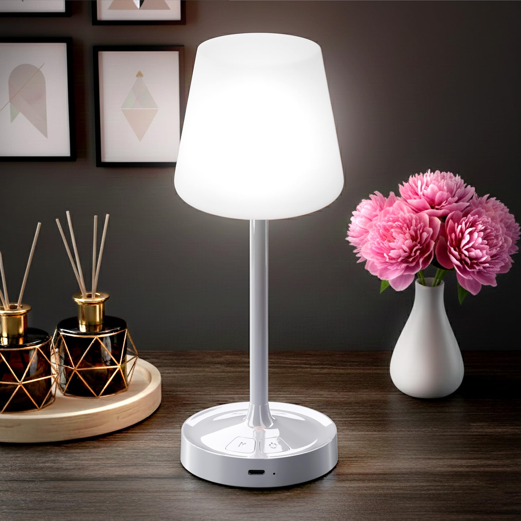BOMFLORE Small Shower Lamp Waterproof: Table Lamp with 4000mAH Battery - Rechargeable 3 Dimmable Cordless LED Lamp for Desk Bedroom Living Room Bathroom - White Touch Light for Parents Kids