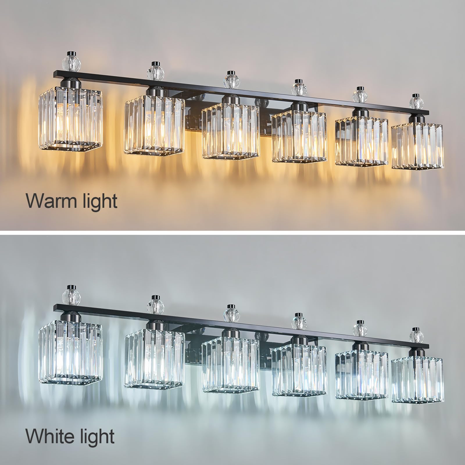 FDPBY 6-Light Crystal Vanity Light Fixtures, Plating Black, Metal, Model 290, Modern Bathroom Lighting Over Mirror