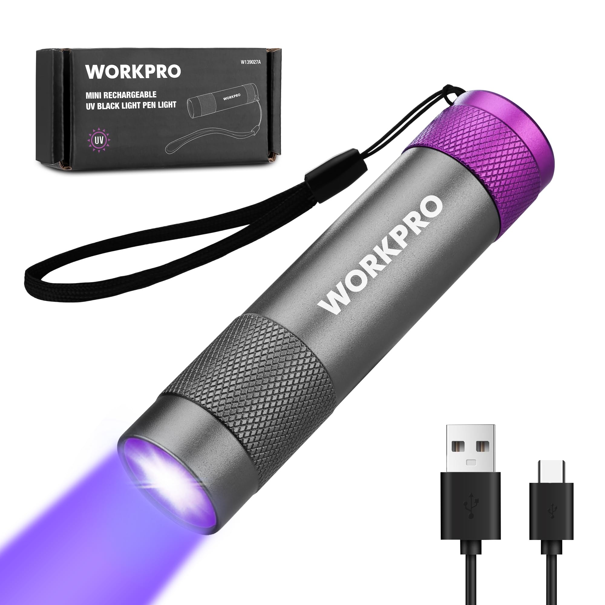 WORKPRO UV Flashlight Black Light, 365nm UV Rechargeable Flashlight, Small Portable Black Light for Pet Dog Urine, Stains Detect