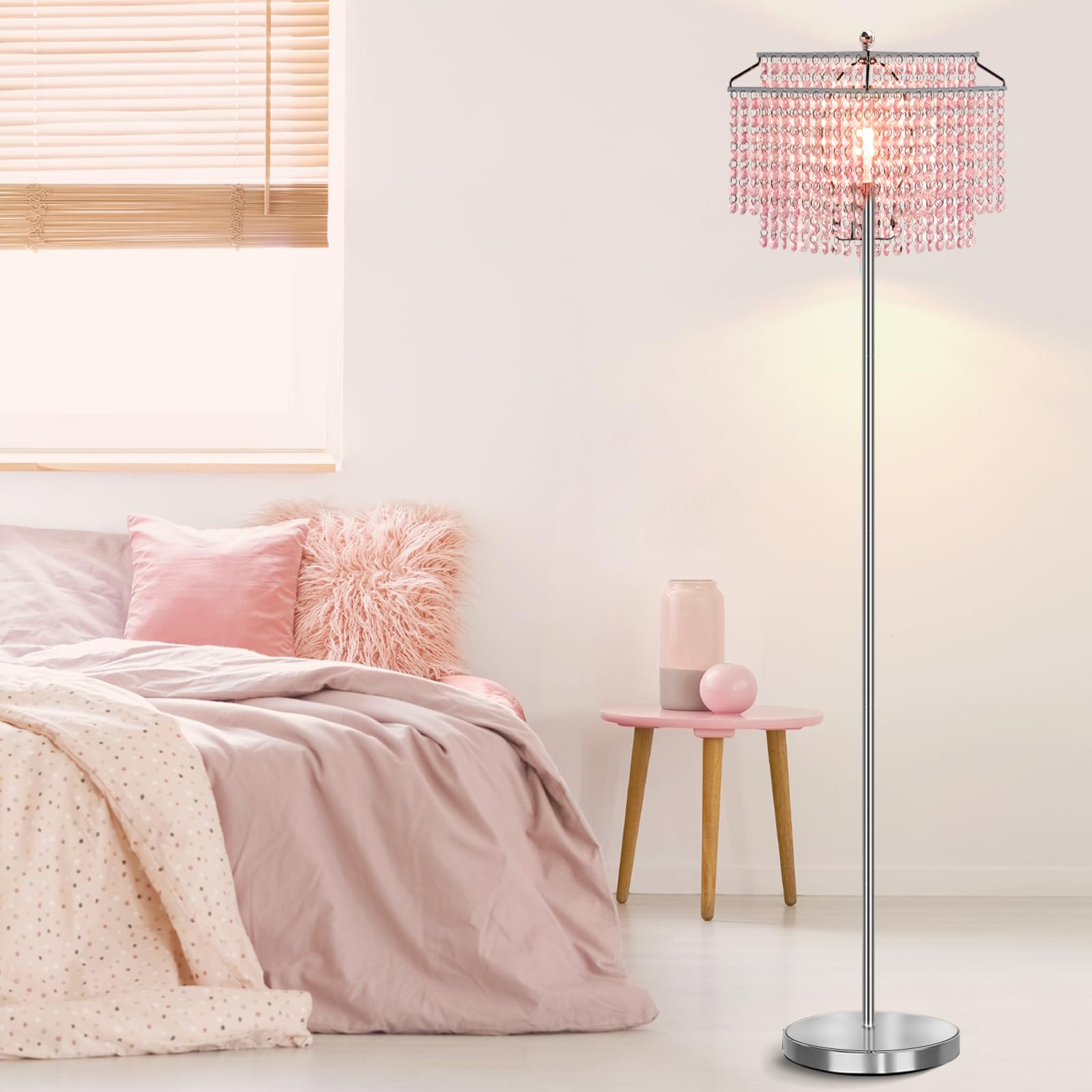 Luvkczc Pink Crystal Floor Lamp, 64" Tall Metal Standing Lamp with Double-Layer Lampshade, On/Off Foot Switch for Living Room and Office