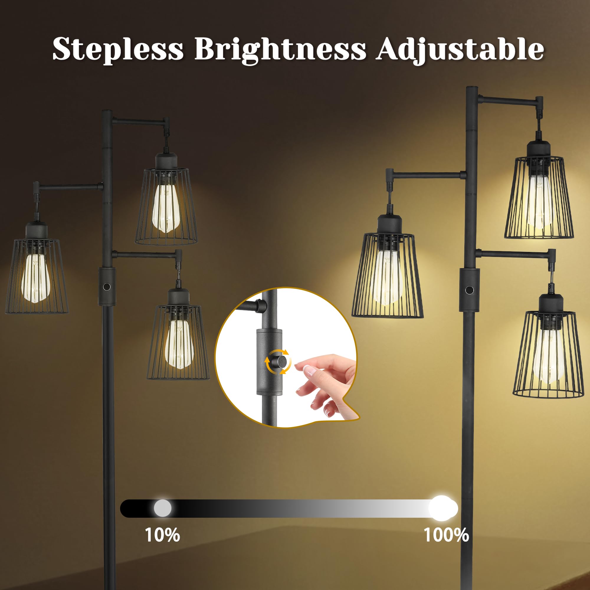 Coff Industrial Floor Lamp, 3 X 1200Lm Edison Led Bulbs Included, Bright 3-Light Dimmable Floor Lamp, Farmhouse Tall Standing La