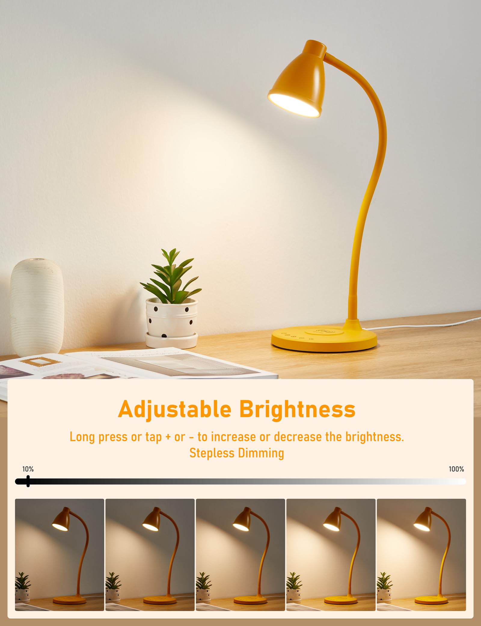 Bohon Led Desk Lamp With Usb C+A Charging Ports Wireless Charger, 5 Colors Stepless Dimming Touch Reading Light, Flexible Goosen