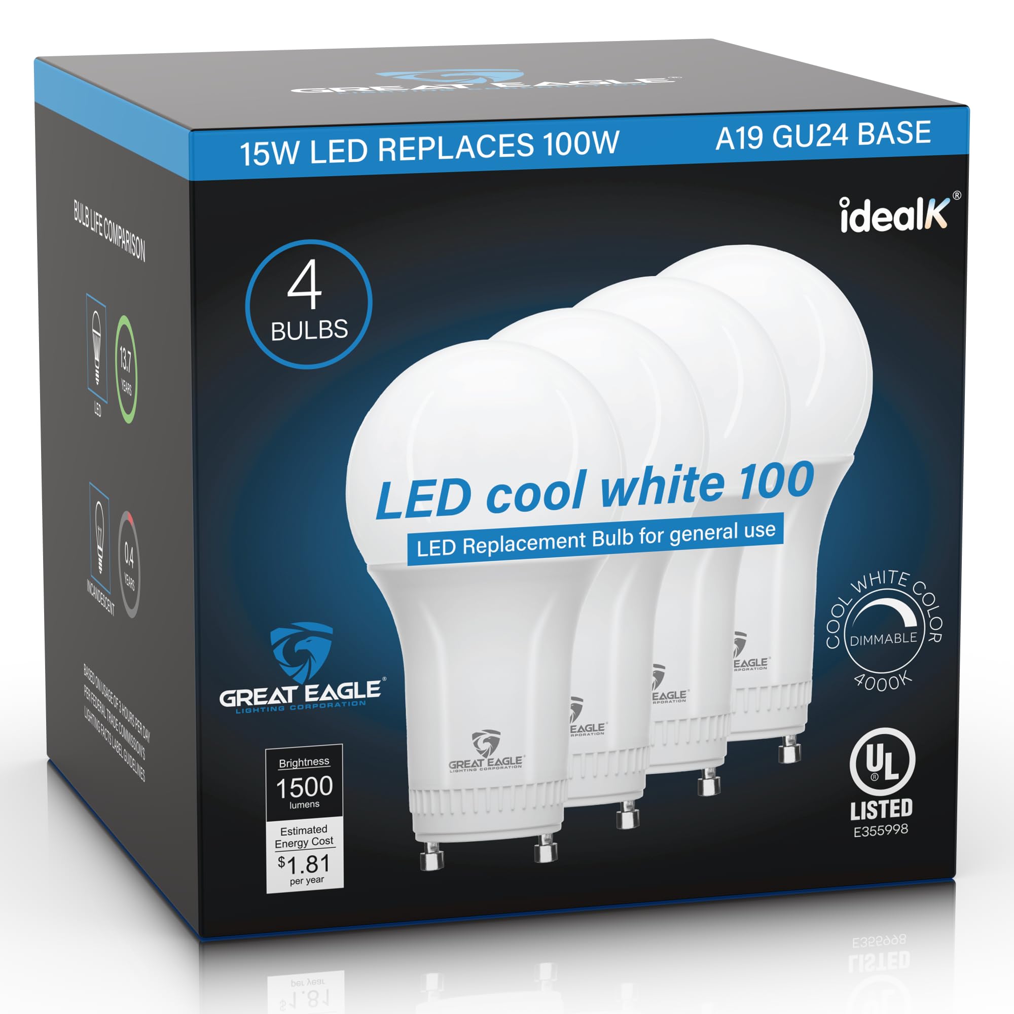 Great Eagle Gu24 Led Light Bulb 15W (100W Equiv) Dimmable 4000K Cool White, Ul Listed, 4-Pack