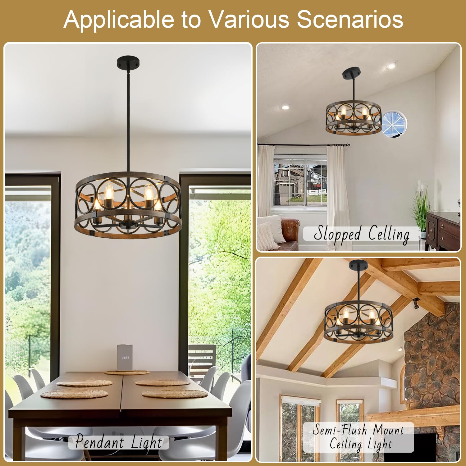 SHIANDAR 5-Light Flush Mount Ceiling Light Fixture, Black Rustic Farmhouse Chandelier, 19.7" Modern Pendant for Kitchen Lighting