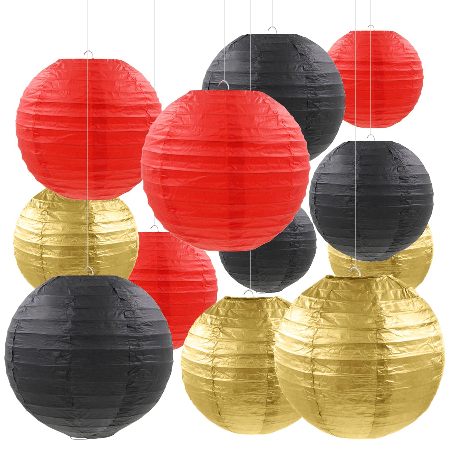 12 Pcs Red Black Gold Paper Lanterns Round Hanging Paper Lanterns for Birthday Wedding Graduation New Year Bachelorette Party De