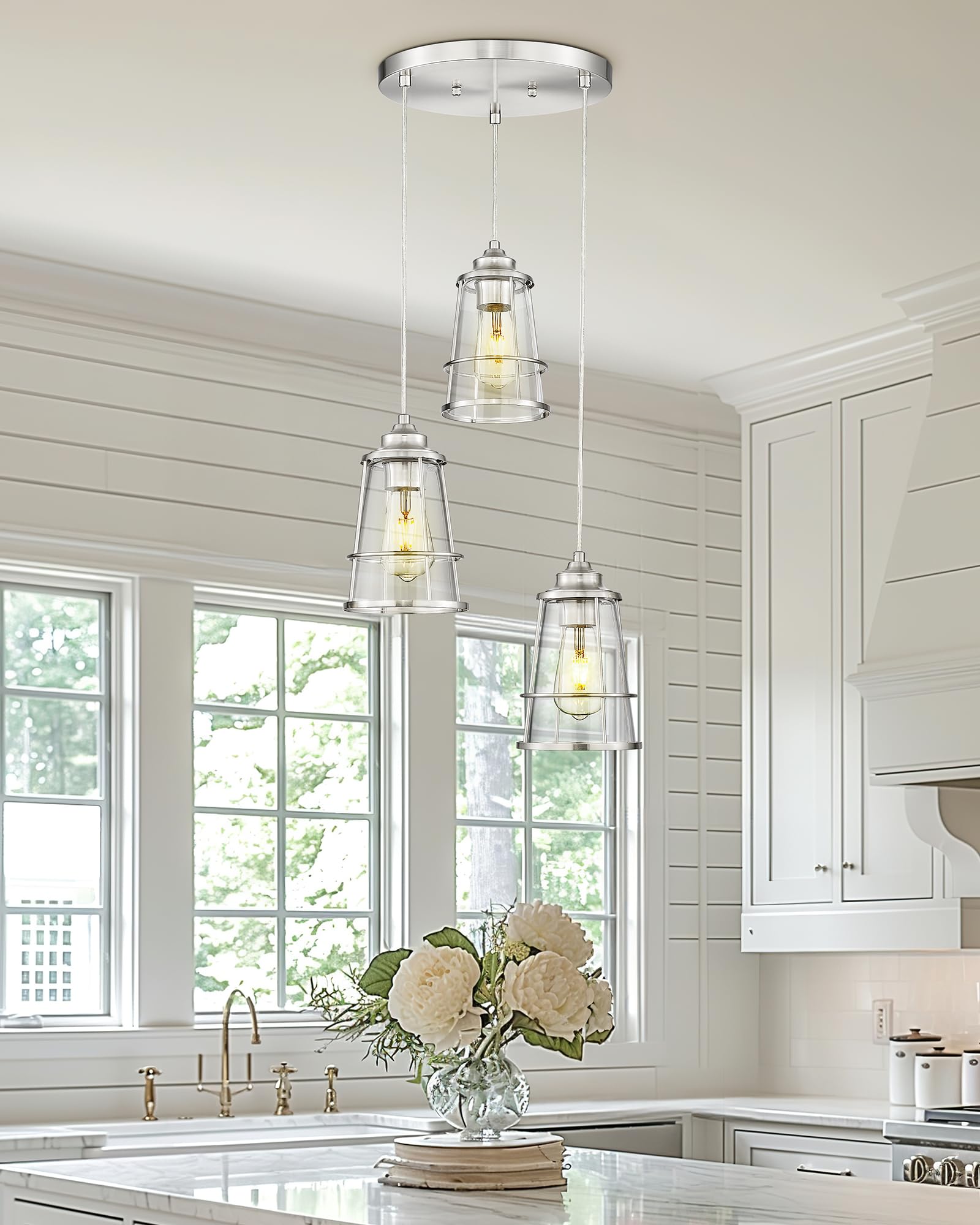 Jazava Cluster Pendant Light, Cage Hanging Light Fixtutre With Clear Glass, 3-Light Kitchen Island Lighting For Dining Room Livi