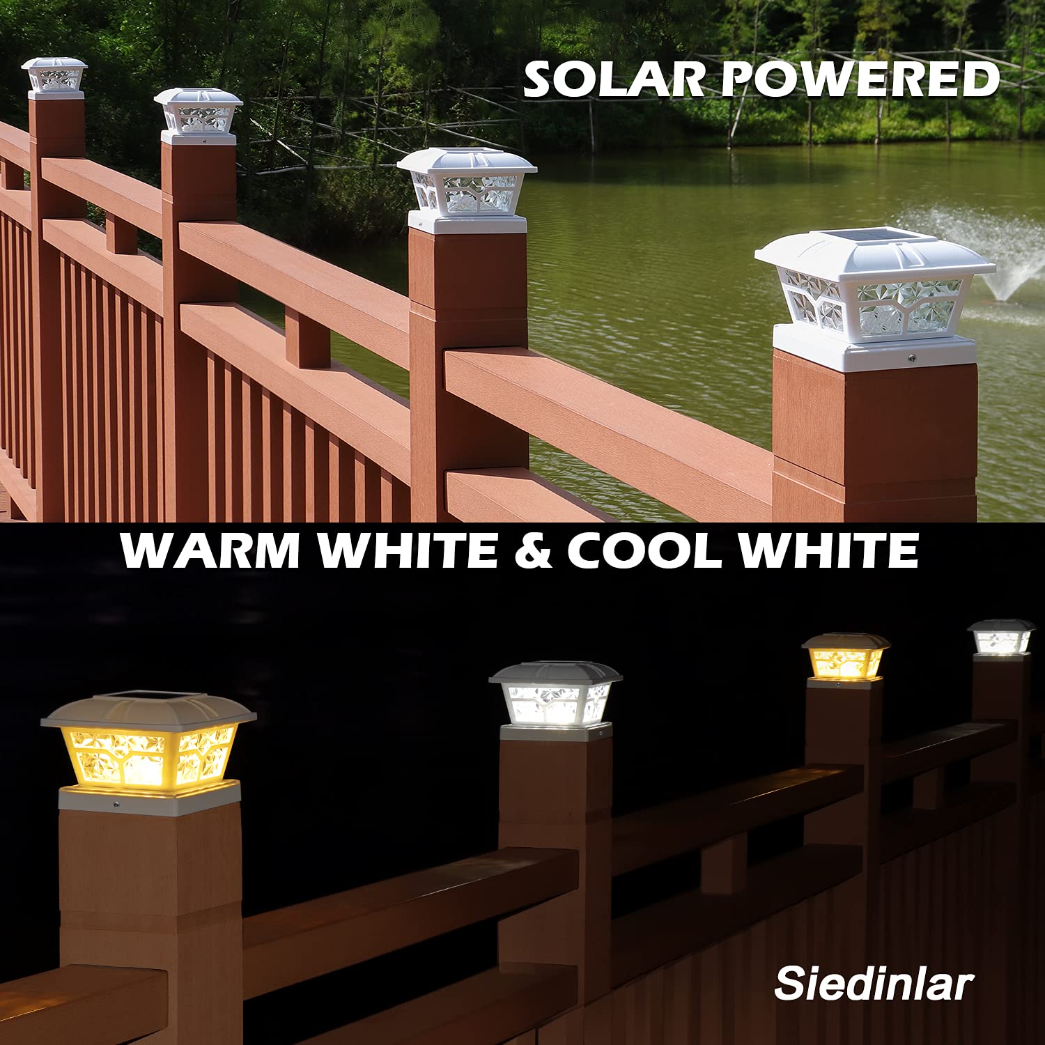 SIEDiNLAR Solar Post Cap Lights Outdoor 2 Color Modes 8 LEDs for 4x4 5x5 6x6 Posts Fence Deck Patio Decoration Warm & Cool White