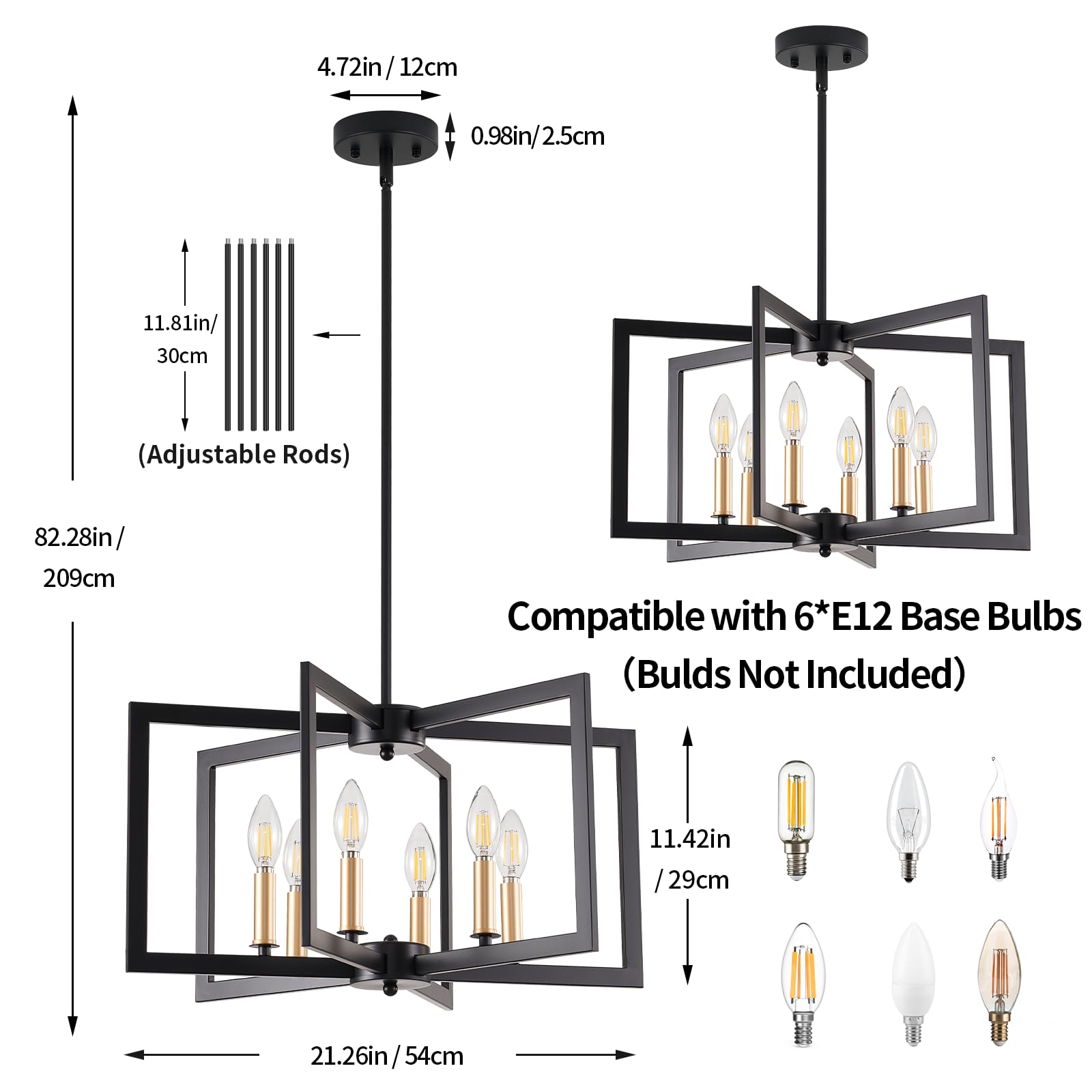 MIAYBPH Black Chandelier, 6-Light Geometric Metal Fixture for Dining Room, Modern Industrial Design, E12 Bulbs Not Included