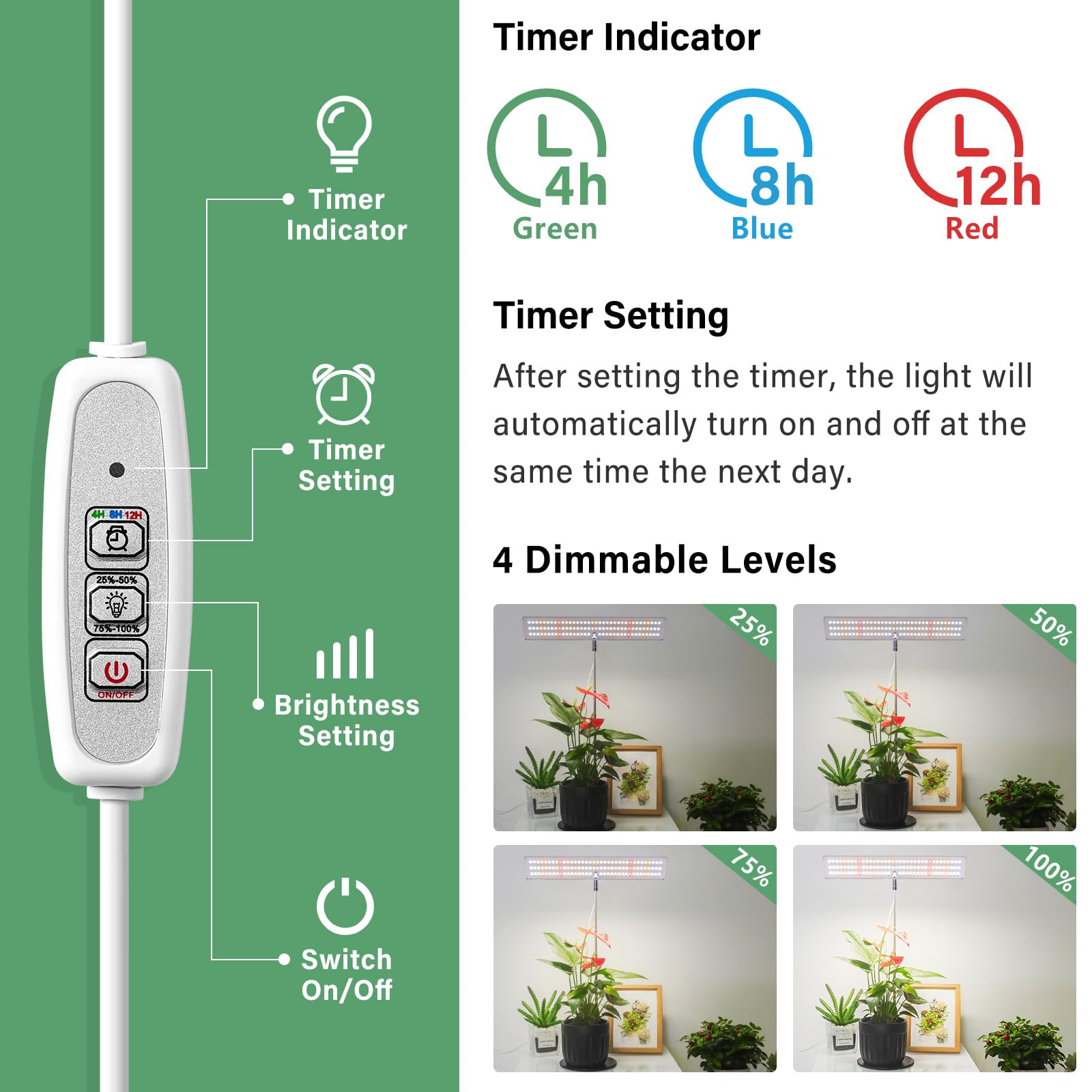 Lordem Grow Light, Full Spectrum Led Plant Light For Indoor Plants, Height Adjustable Growing Lamp With Auto On/Off Timer 4H/8H/12H, 4 Dimmable Brightness, Ideal For Home Desk Plant Lighting