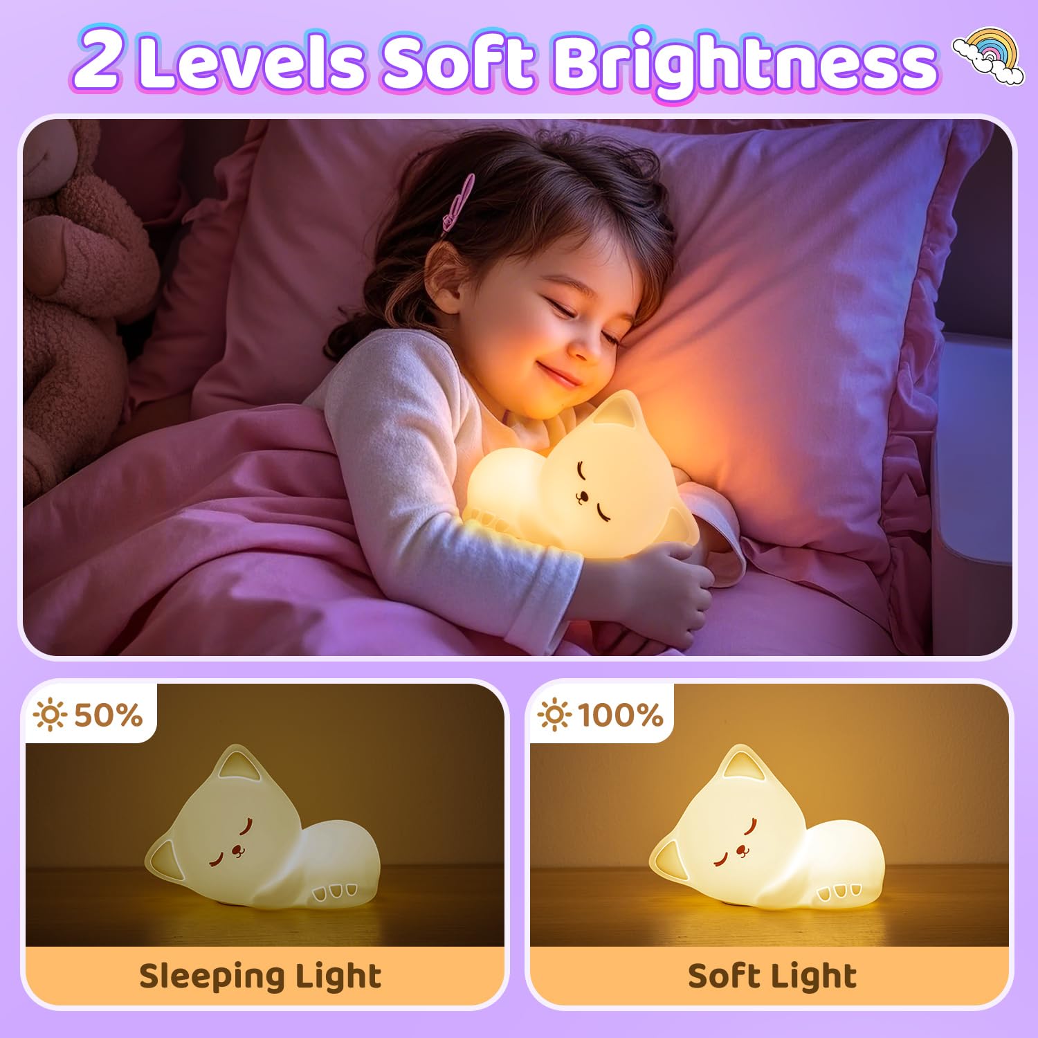 Mubarek Cat Night Light for Kids, Dimmable 16 Colors, Rechargeable, Soft Silicone, Small Size