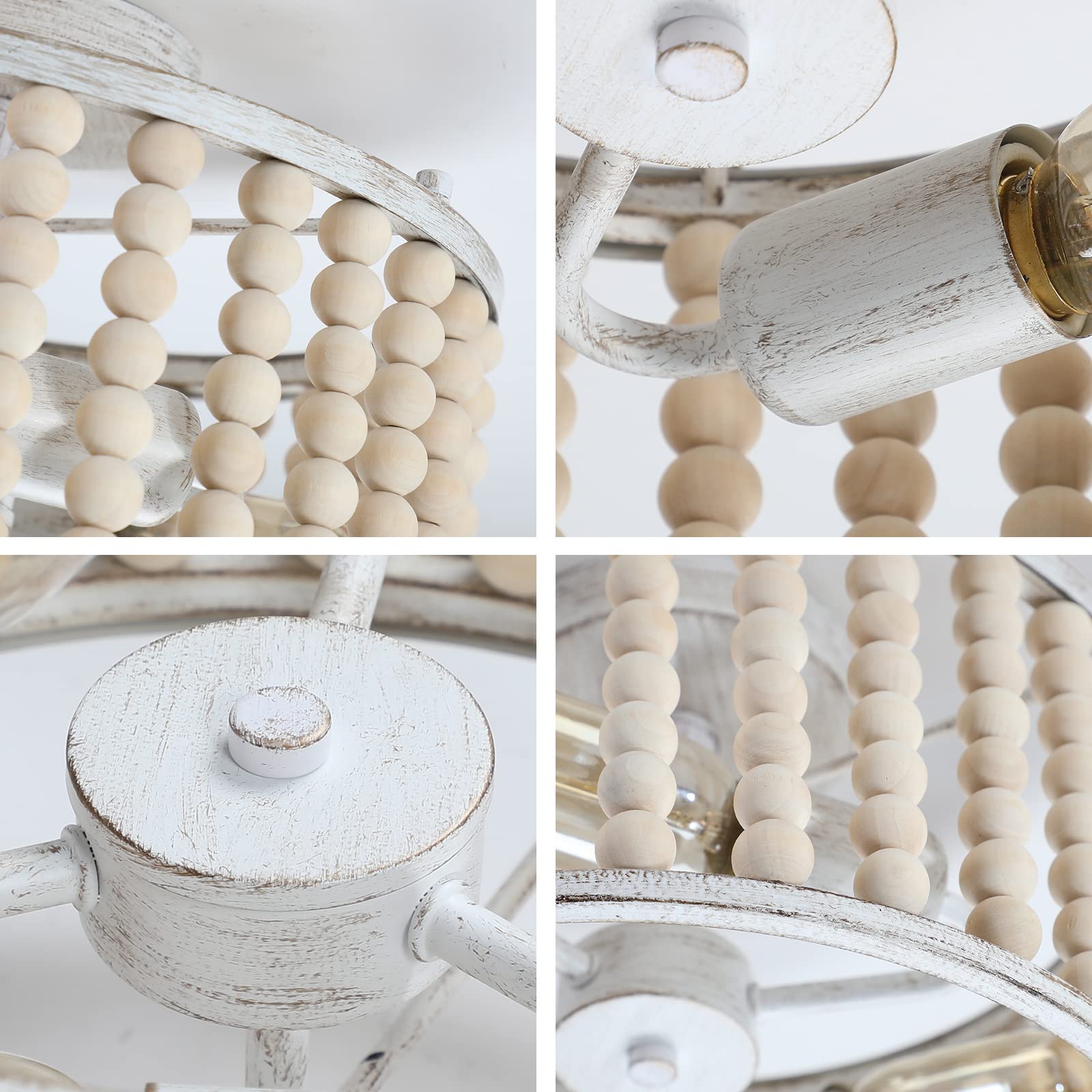 tewei Wood Beaded Chandelier Light Fixture, 3-Light Rustic Ceiling Light, Oak White, E26 Base, Model XMSMZCD-1