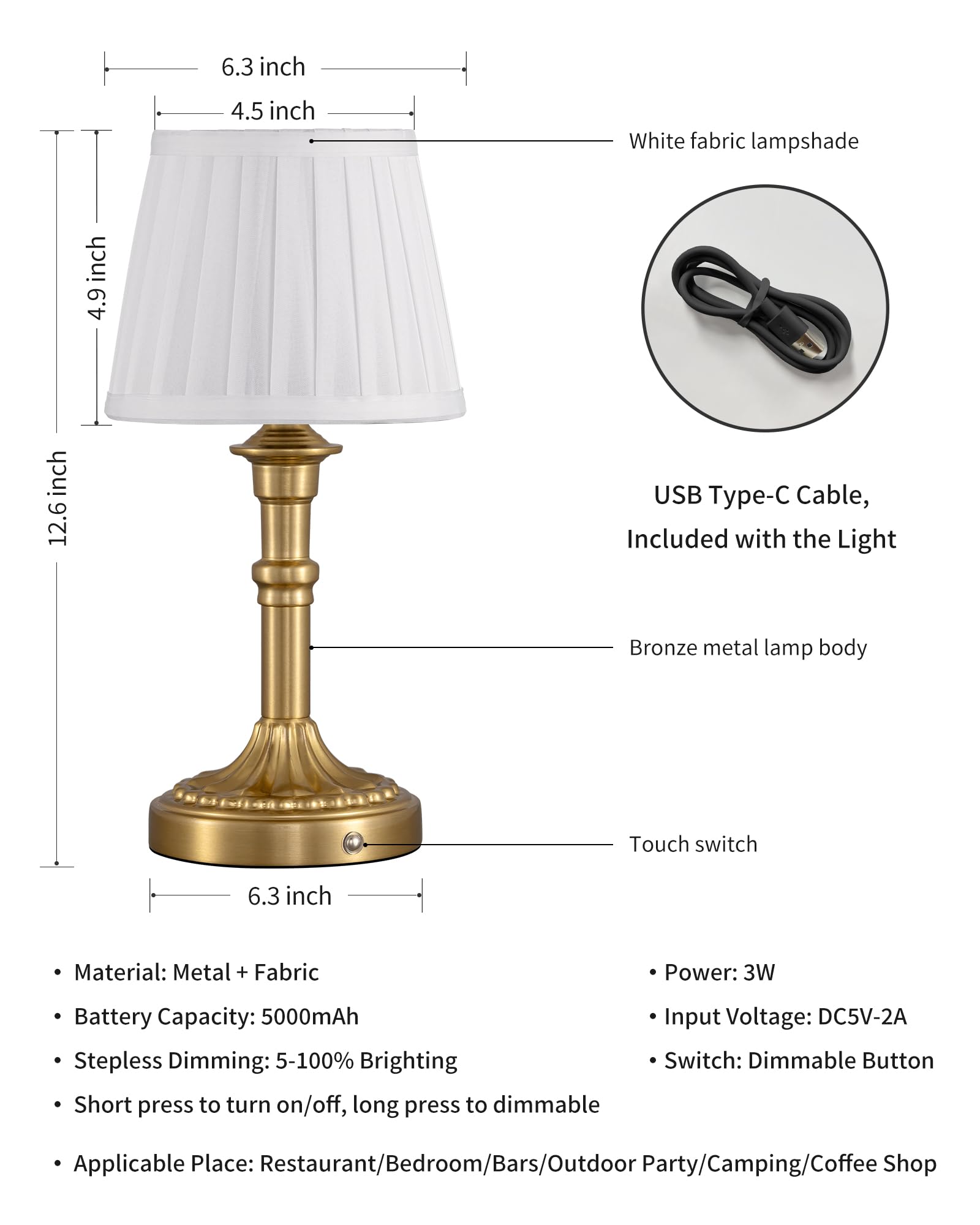 Kdg Cordless Portables Table Lamp Set Of 2, Led Fabric Shade Small Desk Lamps, 5000Mah Battery Powered Lighting, 2700K Stepless Dimmable Light For Living Room, Dining Room, Bedroom, Bedside (Bronze)