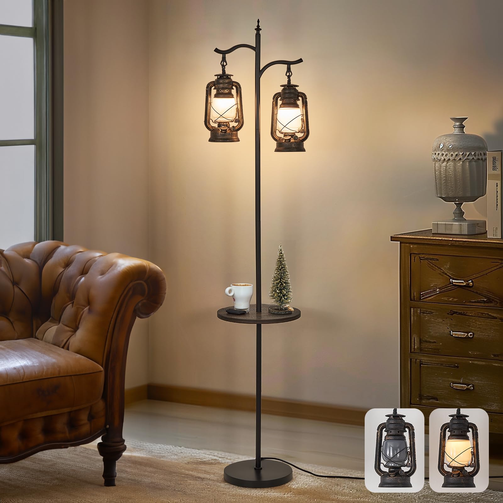 Farmhouse Floor lamp with Table, Double Head Vintage Floor Lantern, Standing lamp for Living Room,Bedroom, Rustic Floor Lamp wit