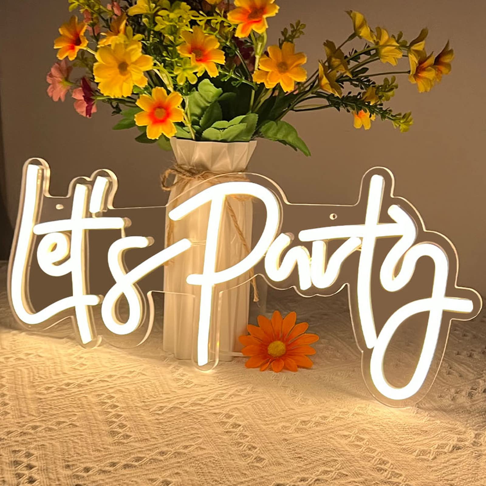 Let's Party Neon Sign, LED Neon Lights for Bedroom Wall Decor, Art Decorative Lights for Bachelorette Party, Engagement Party, Birthday Party, Living Room, Gamer Room Decor Aesthetic (Warm White)