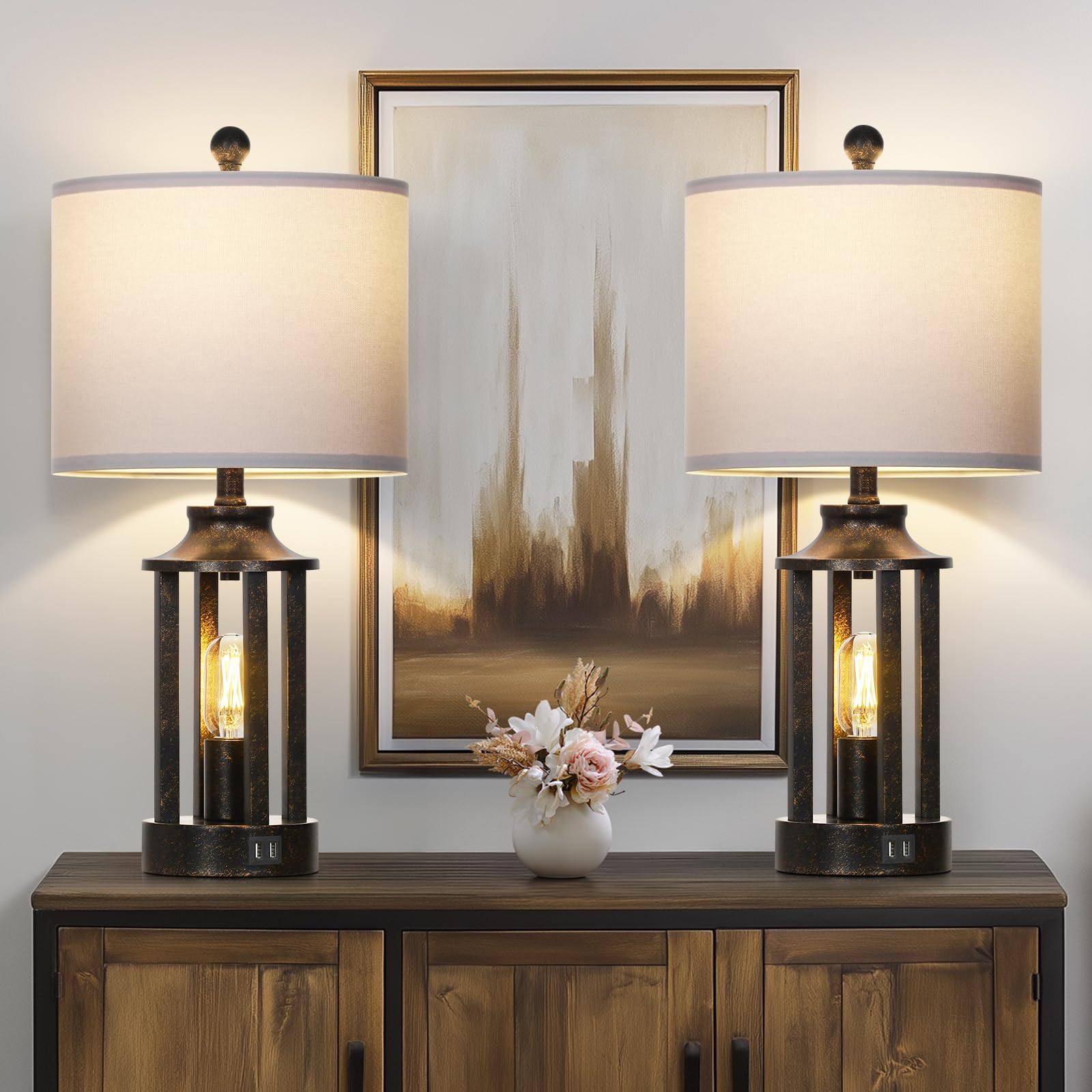 Farmhouse Table Lamps Set Of 2, Vintage Living Room Lamps With 2 Usb Ports, 3 Way Dimmable Touch Control Bedroom Lamp With 2 Led