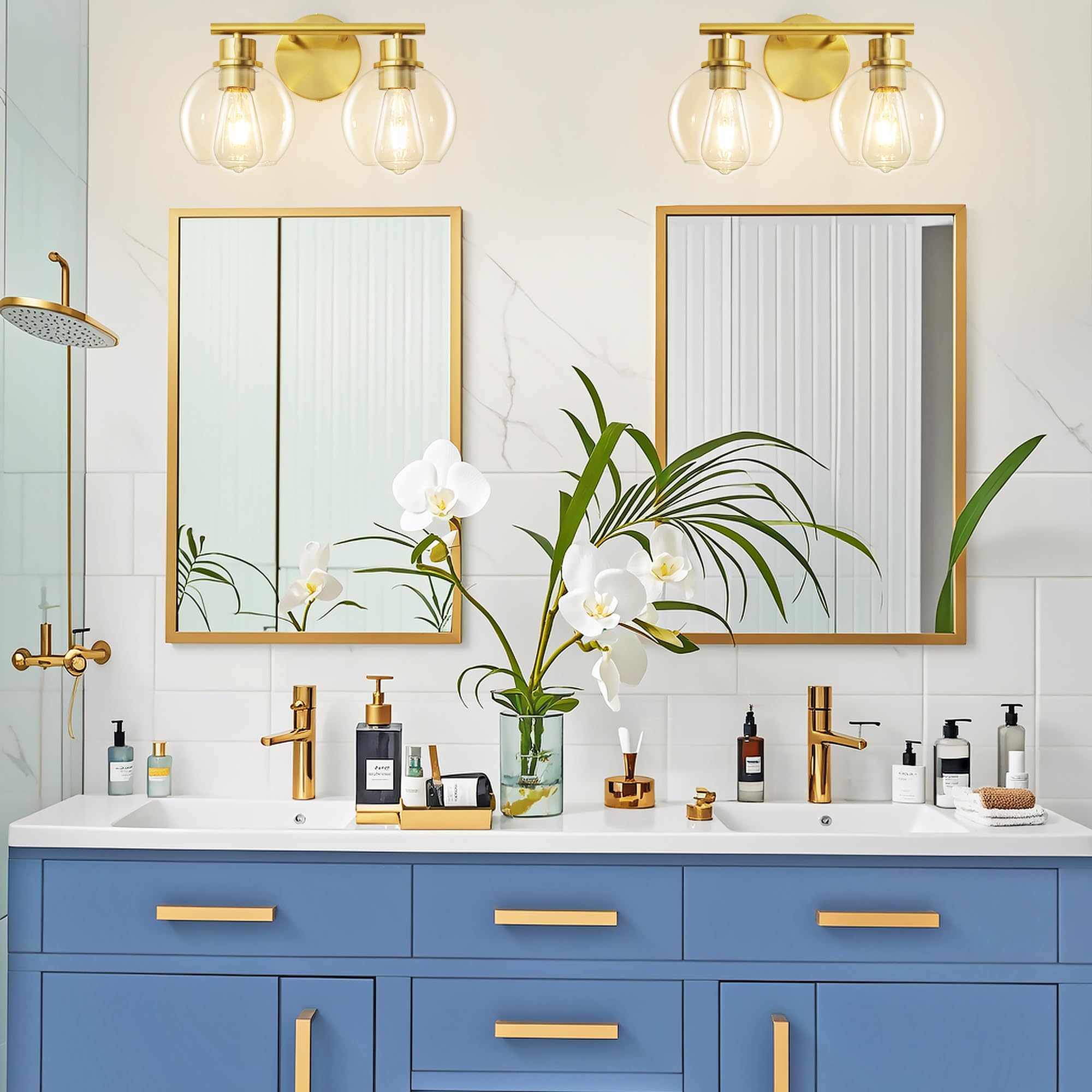 Lanmate Bathroom Vanity Light Fixture, 2-Light Brushed Brass with Clear Glass Shade, Model L1746, 13.8 Inch, Gold