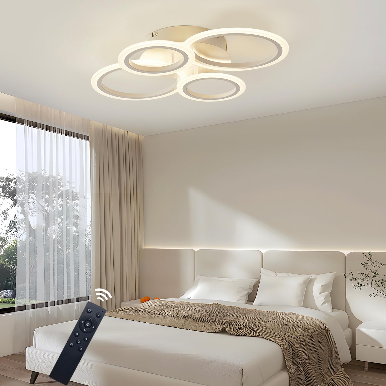 Cyaruy Led Ceiling Light With Remote, 3000K-6500K Dimmable, 4-Ring White Round Chandelier, Semi-Flush Mount Ceiling Lamp For Liv