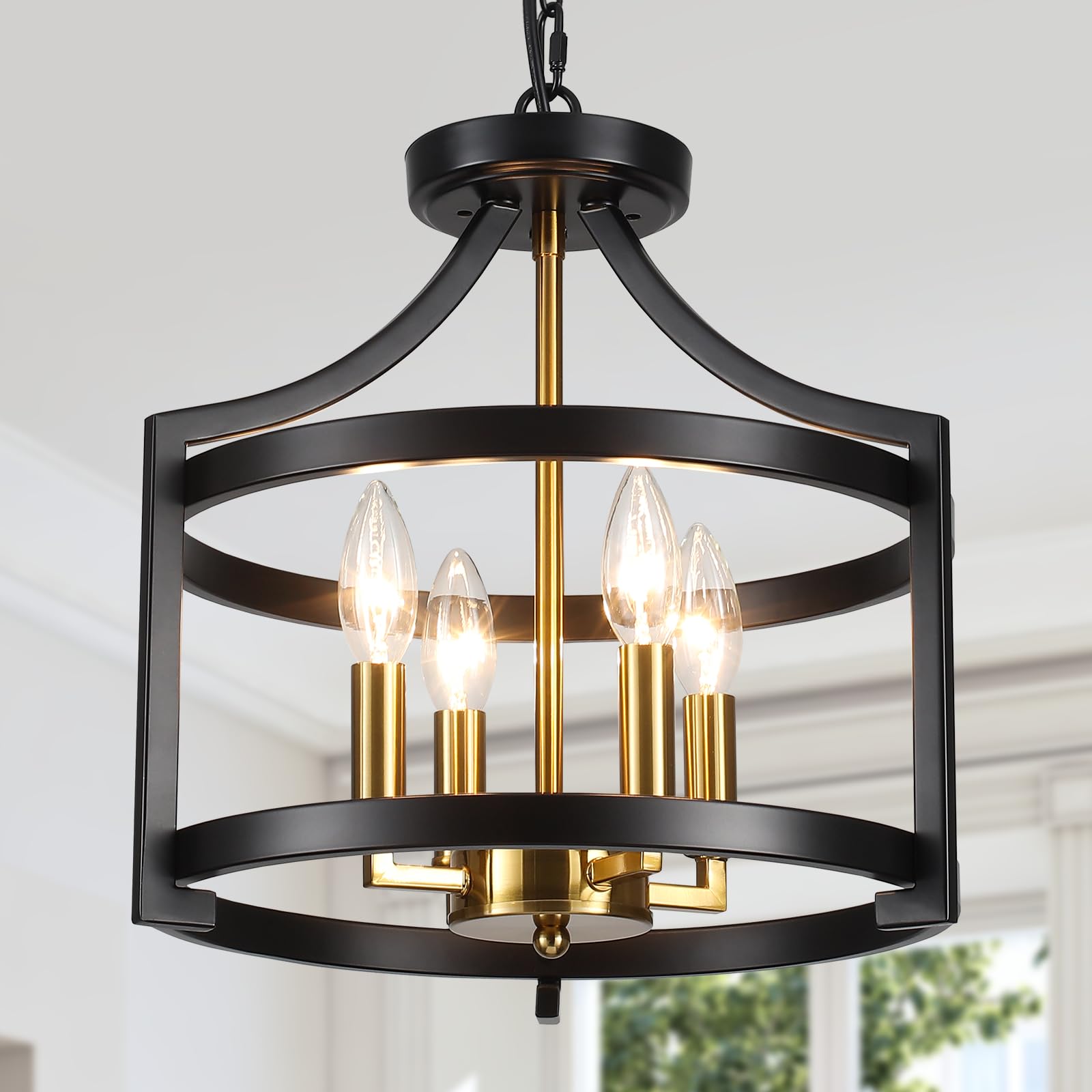 Lxwnyy Farmhouse Dining Room Light Fixture,4 Lights Kitchen Chandeliers Over Table Modern Black&Gold Hanging Pendant Lamp Conver